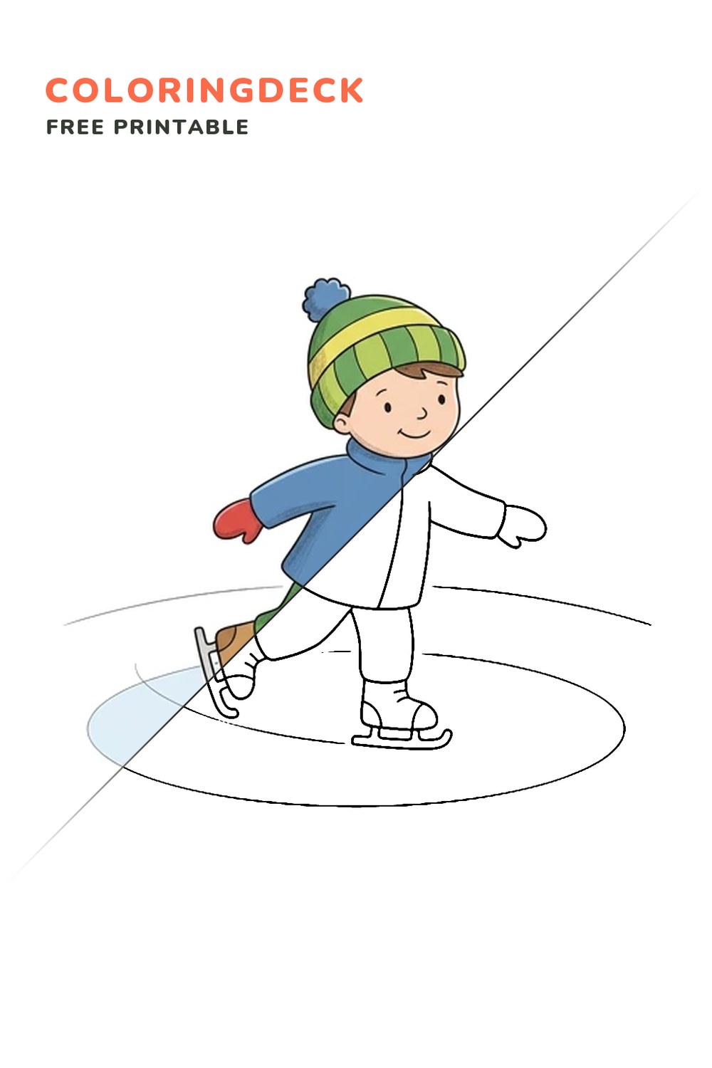 Child Skating Forward coloring page, free printable: half colored, half outline