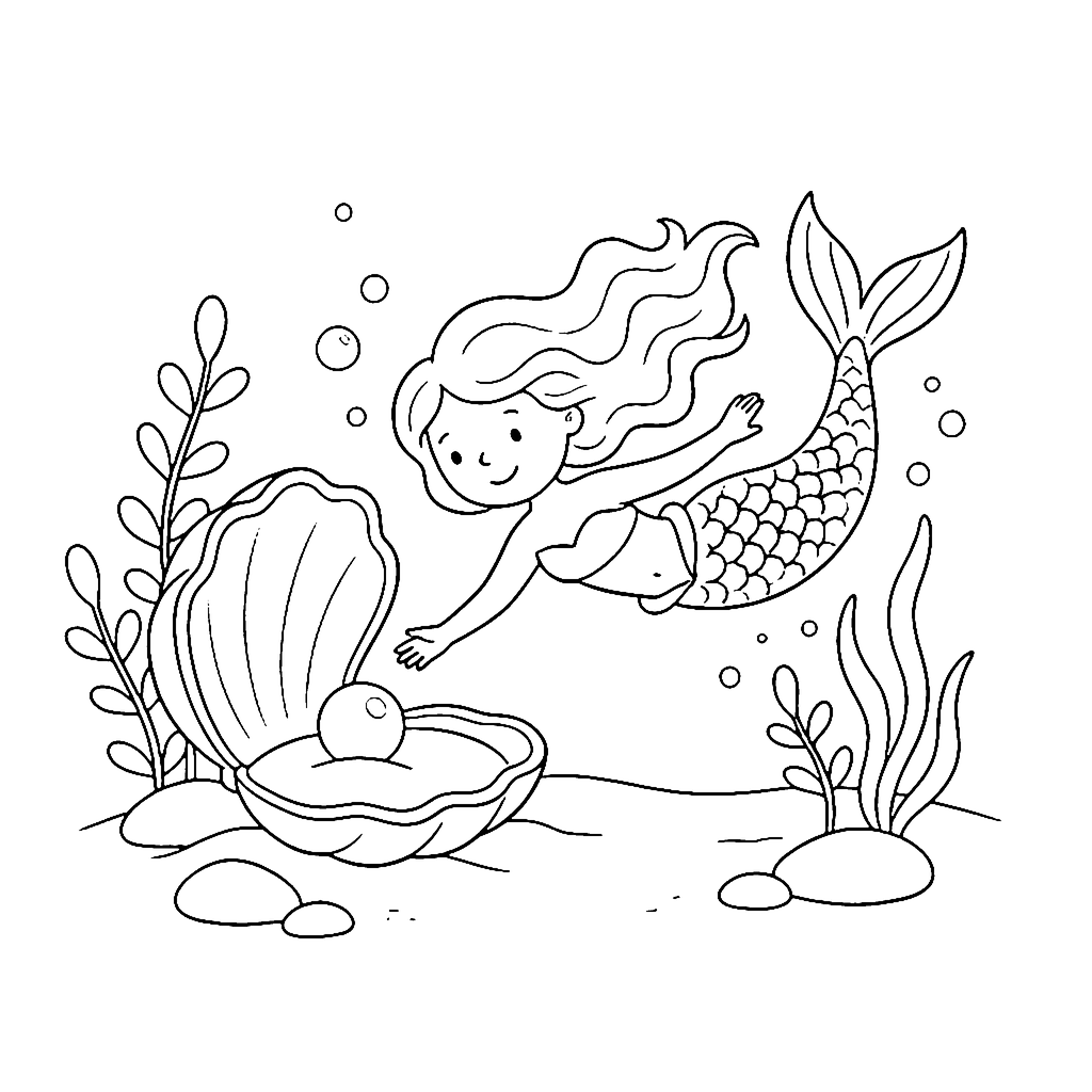 Mermaid coloring page: Mermaid Pearl Dive, outline to print