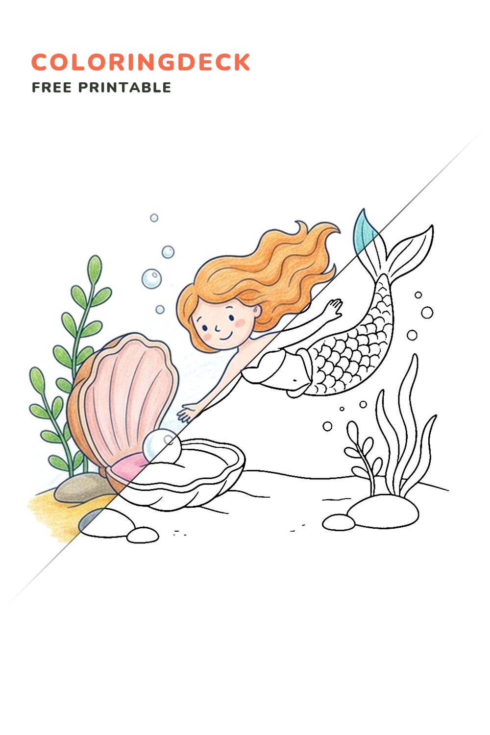 Mermaid Pearl Dive coloring page, free printable: half colored, half outline