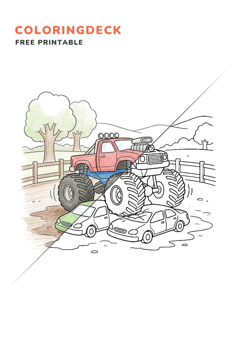 Monster Truck Car Crush coloring page, free printable: half colored, half outline