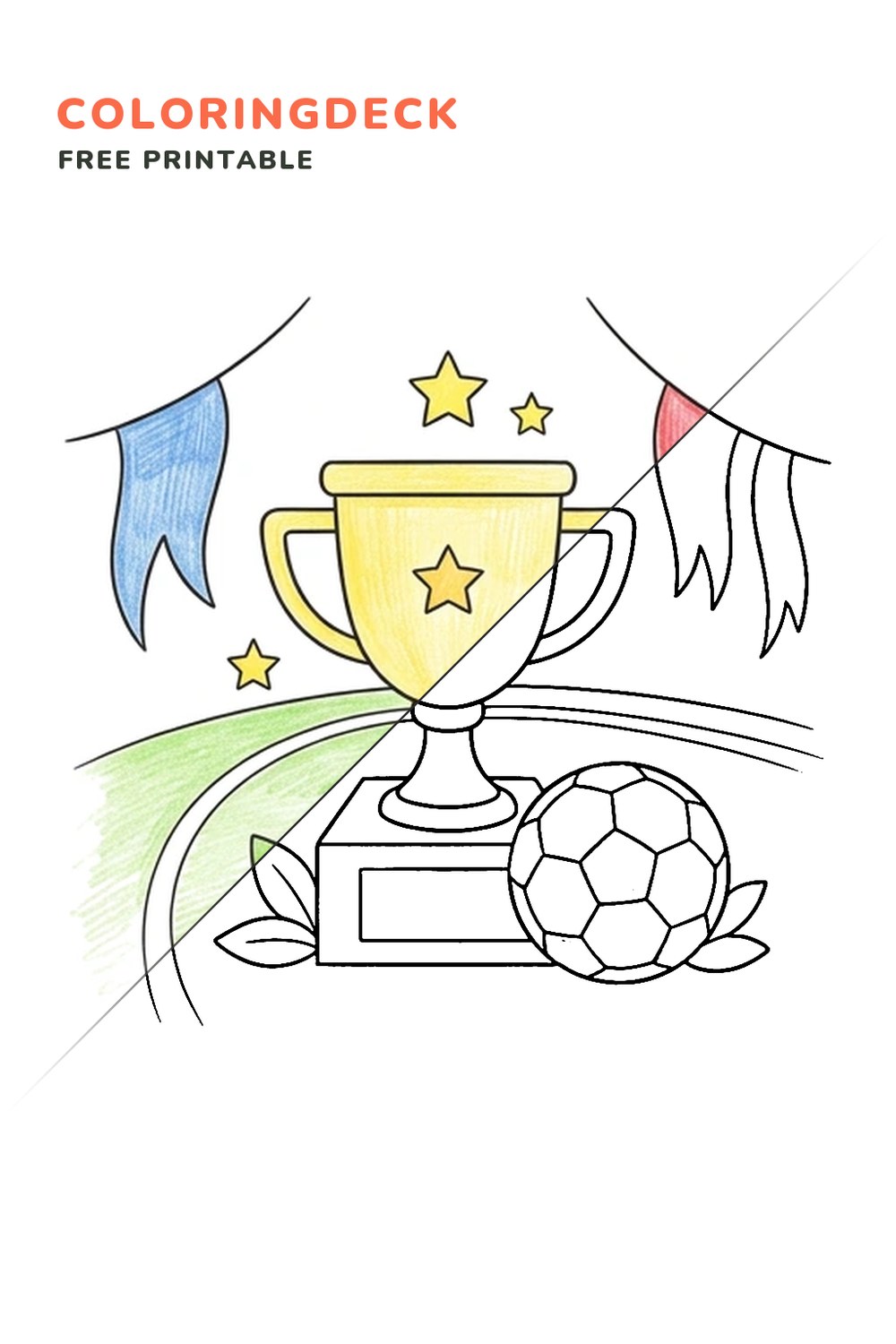 Soccer Trophy Display coloring page, free printable: half colored, half outline