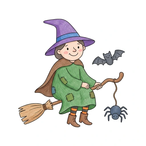 Witch coloring page: Witch Broom Wave, colored example