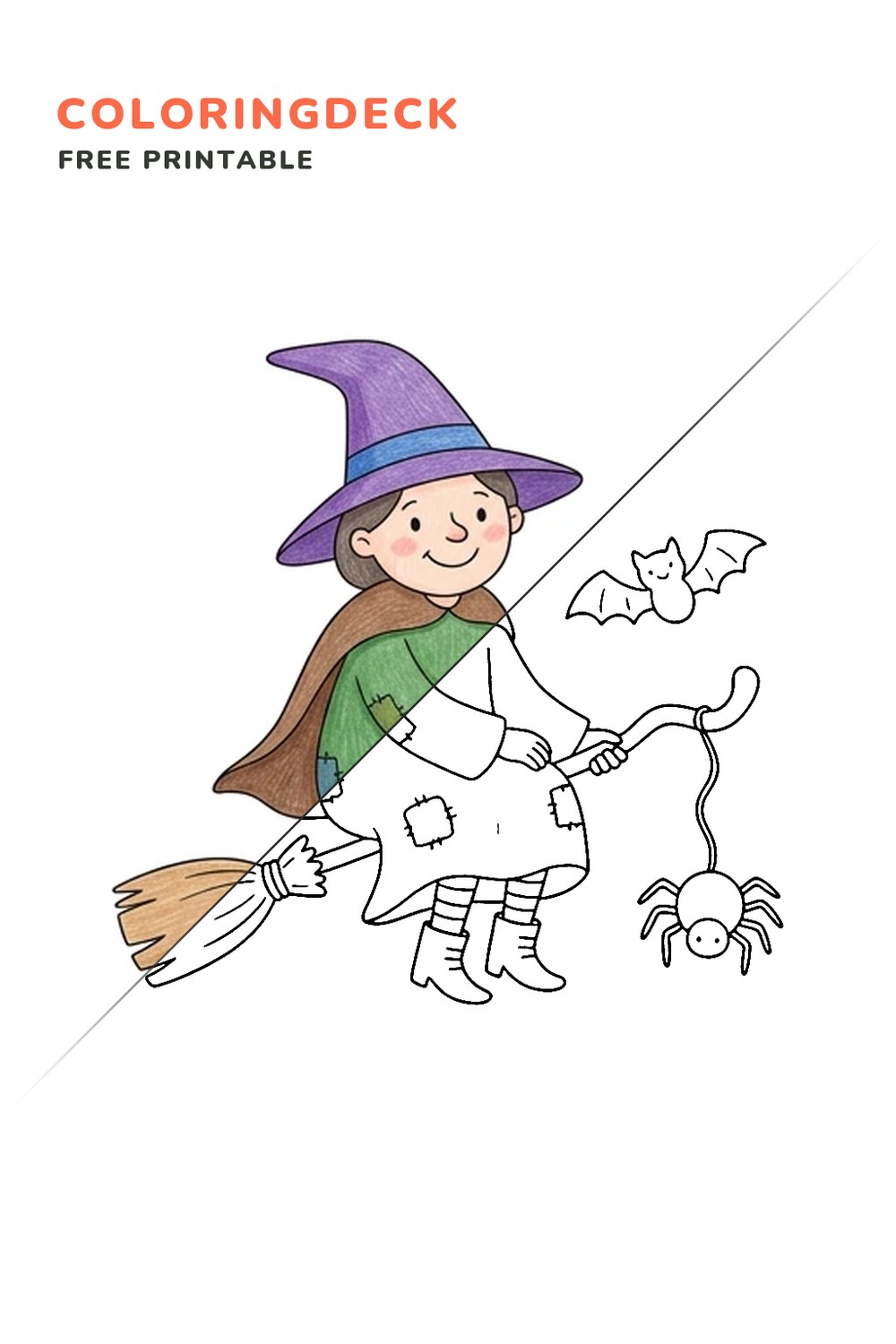 Witch Broom Wave coloring page, free printable: half colored, half outline