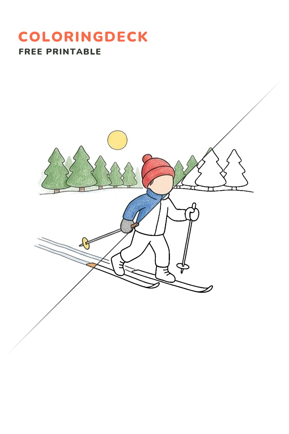 Cross Country Glide coloring page, free printable: half colored, half outline