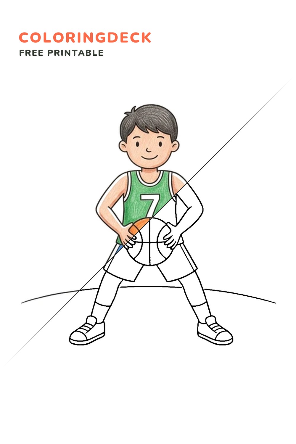 Basketball Ready Stance coloring page, free printable: half colored, half outline