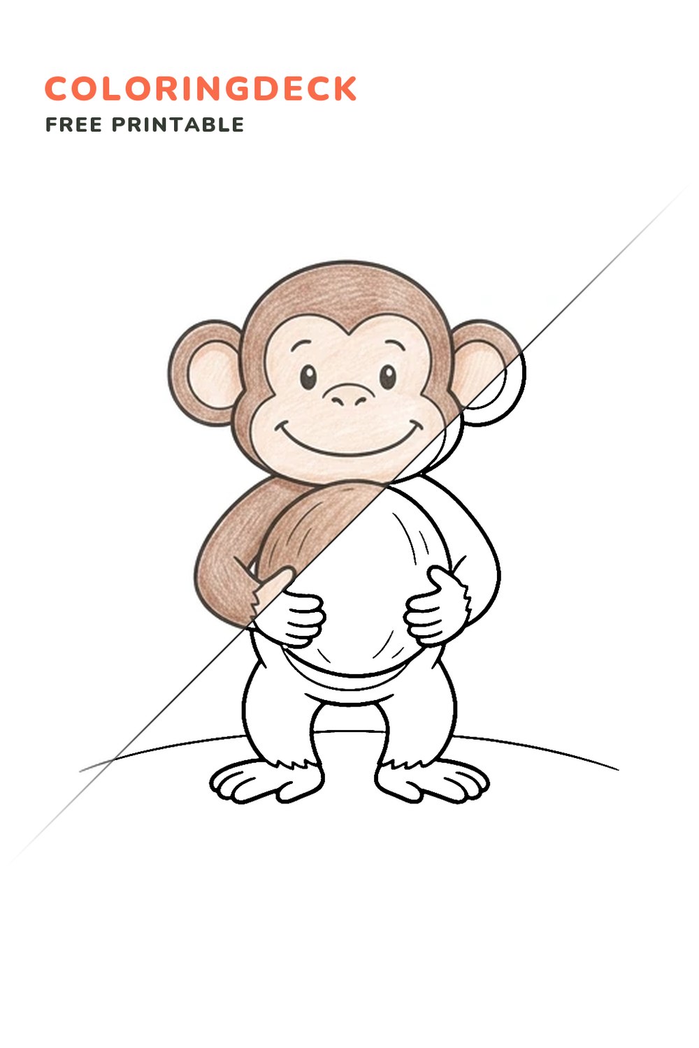 Monkey Coconut Hold coloring page, free printable: half colored, half outline