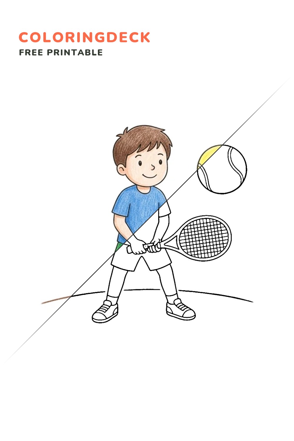 Tennis Ready Stance coloring page, free printable: half colored, half outline