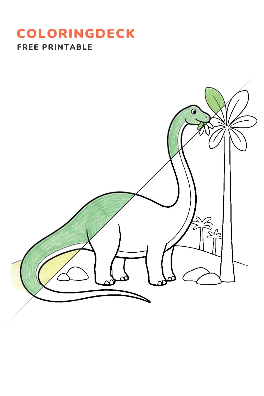 Diplodocus Tall Trees coloring page, free printable: half colored, half outline