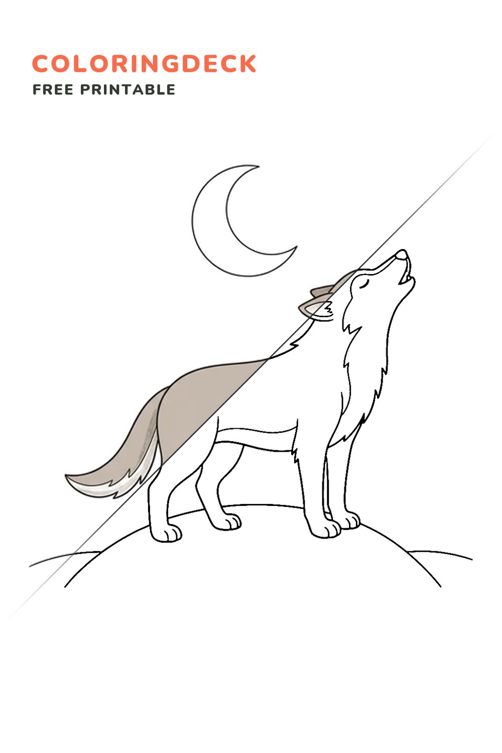 Wolf Howling coloring page, free printable: half colored, half outline