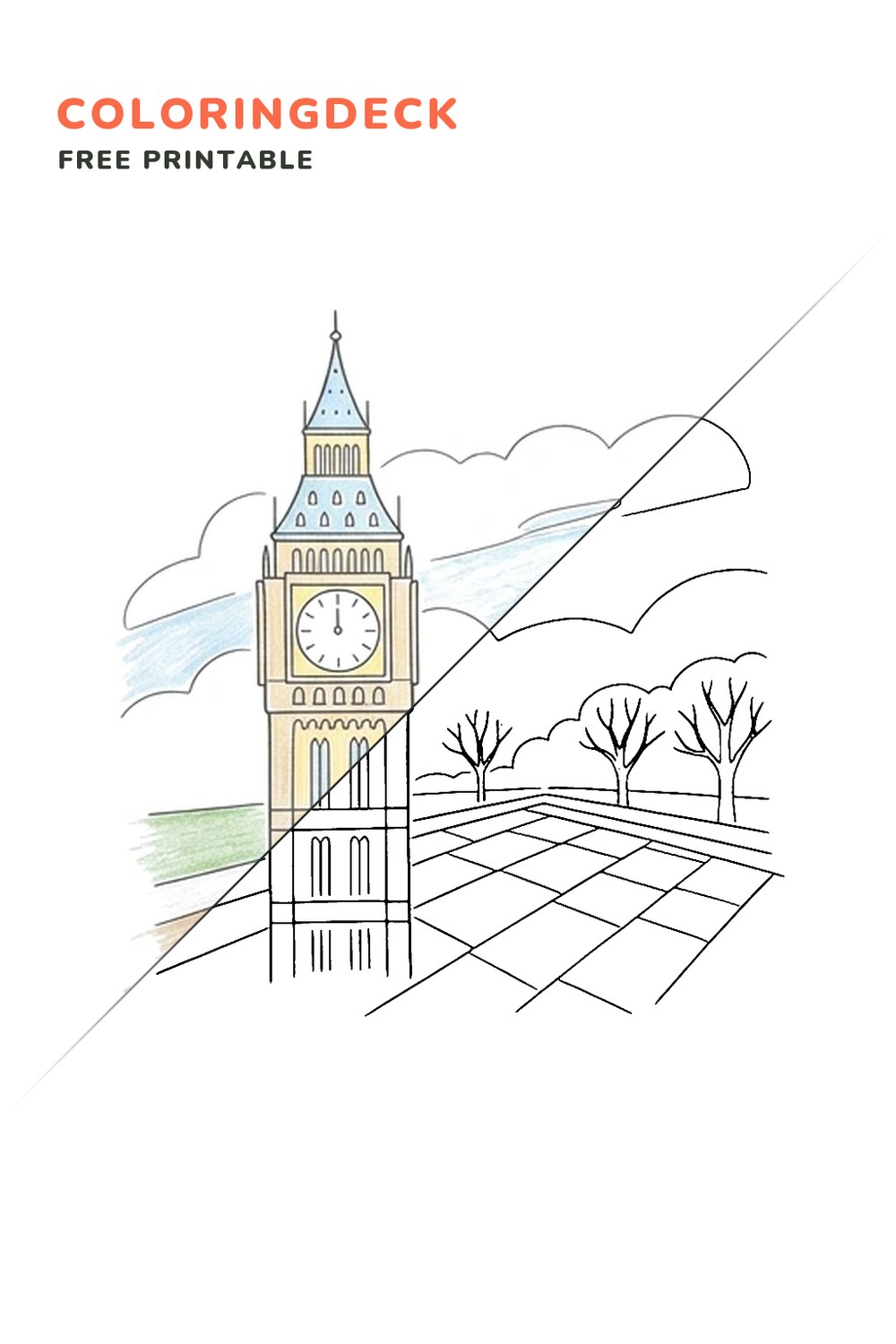 Big Ben Square coloring page, free printable: half colored, half outline