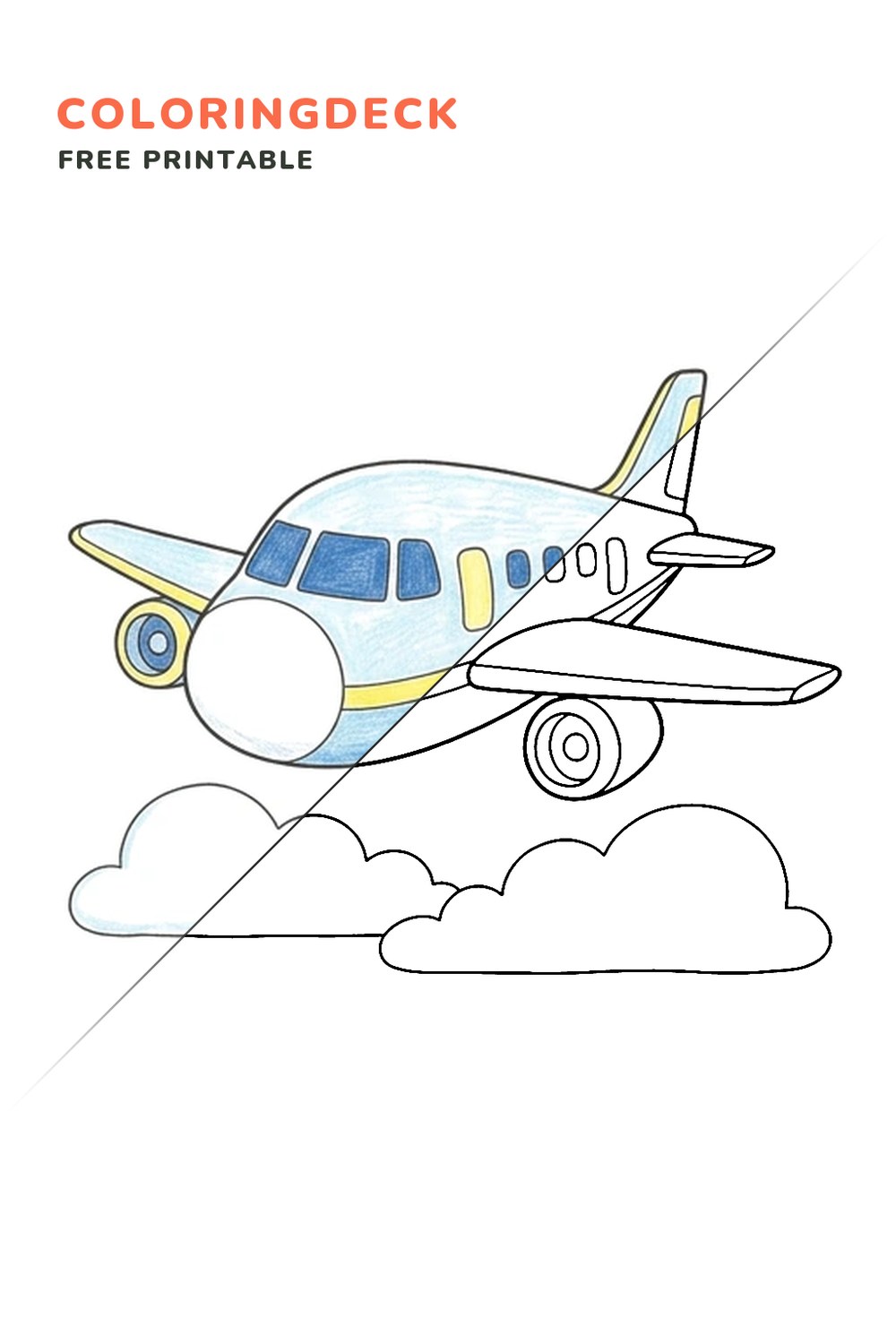 Plane Above Clouds coloring page, free printable: half colored, half outline