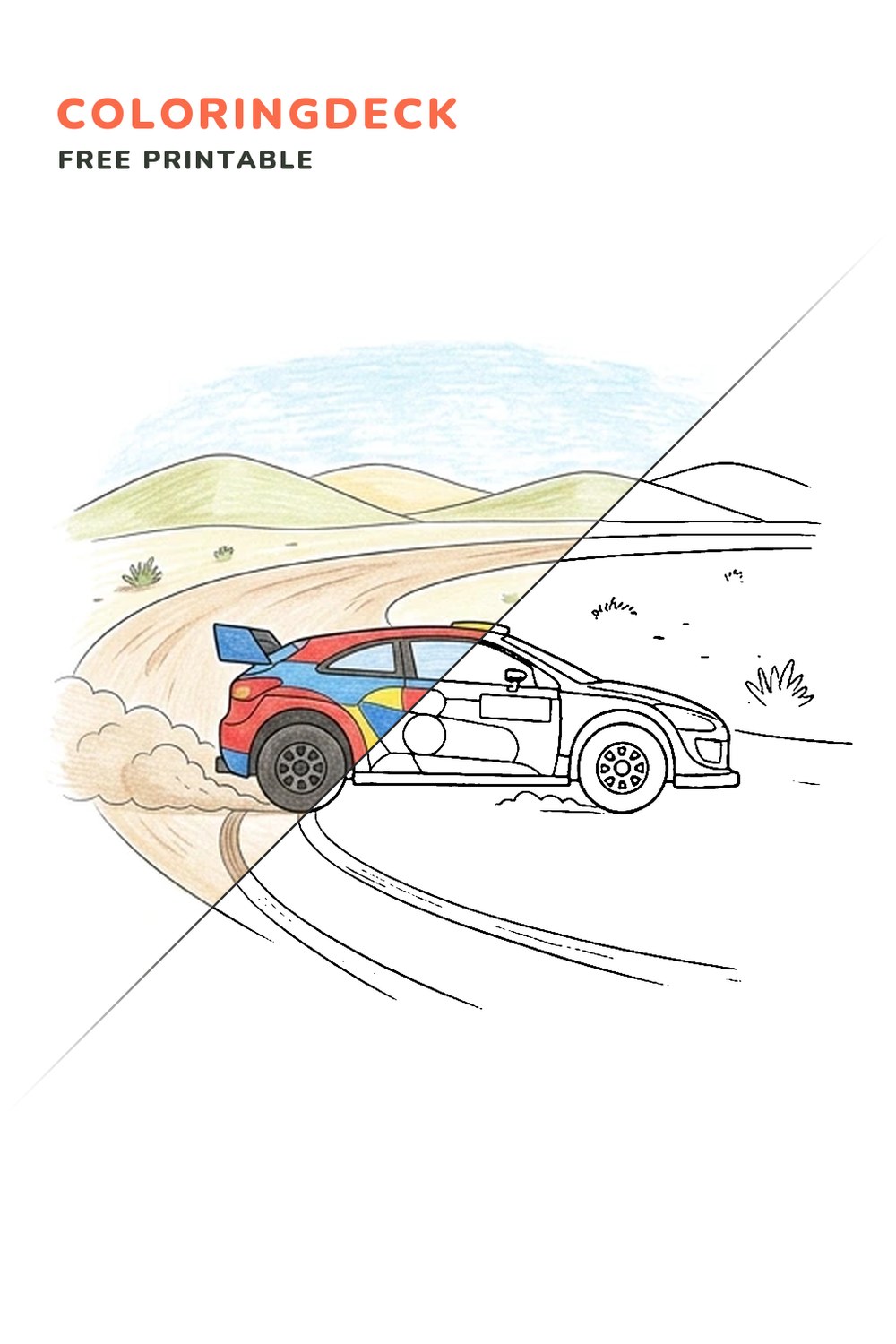 Desert Rally Racer coloring page, free printable: half colored, half outline