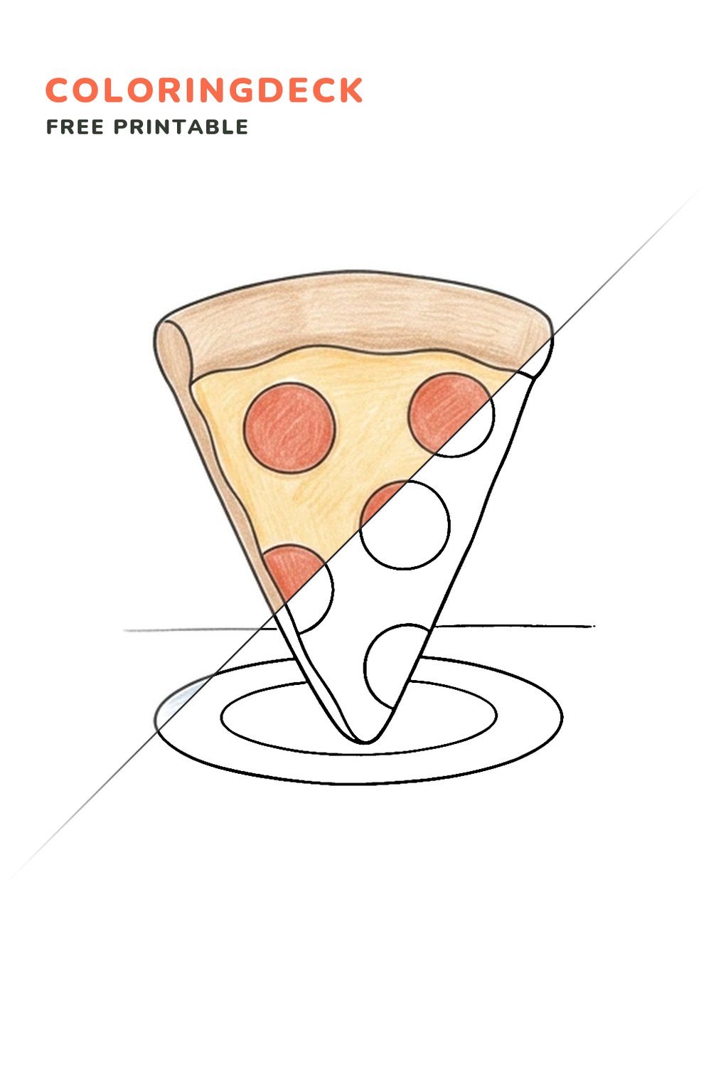 Cheesy Pizza Slice coloring page, free printable: half colored, half outline
