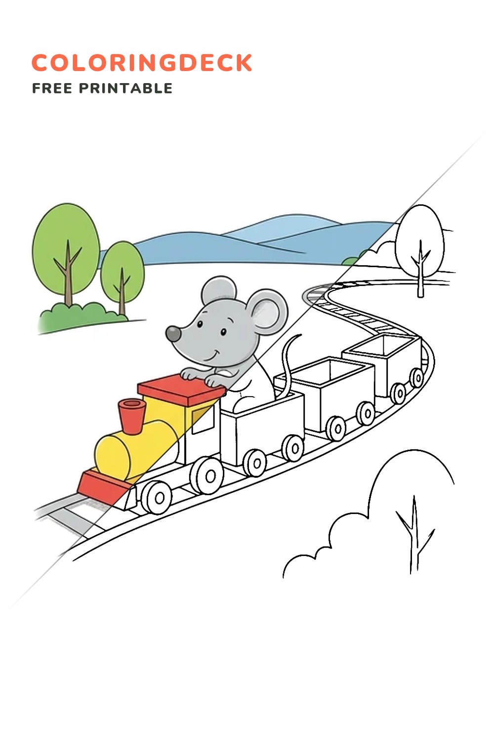 Mouse Toy Train coloring page, free printable: half colored, half outline