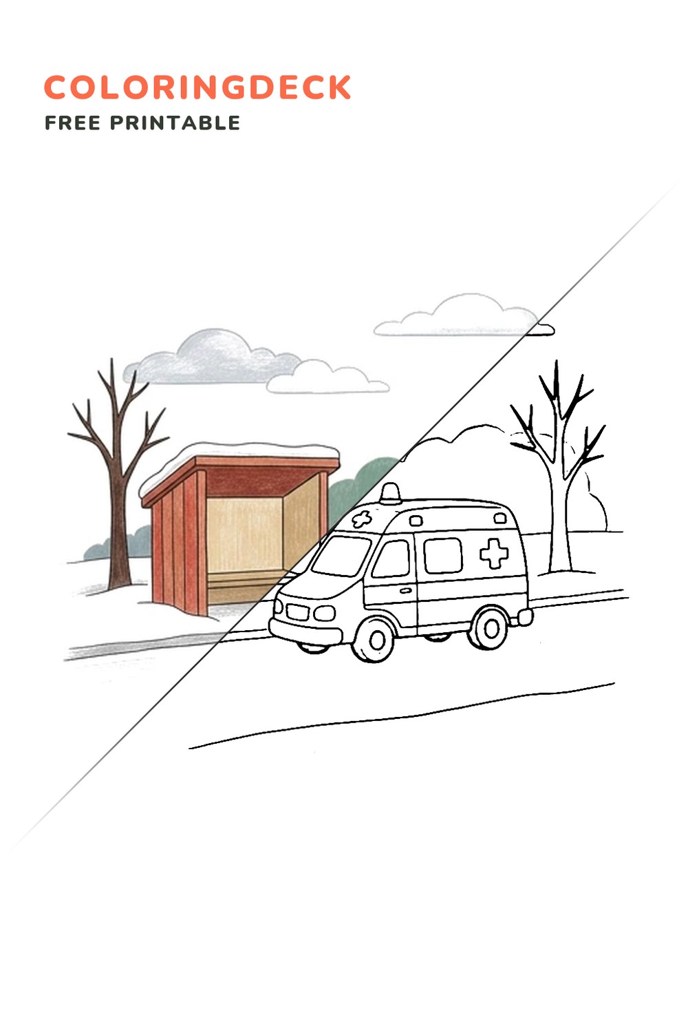 Ambulance Snowy Stop coloring page, free printable: half colored, half outline