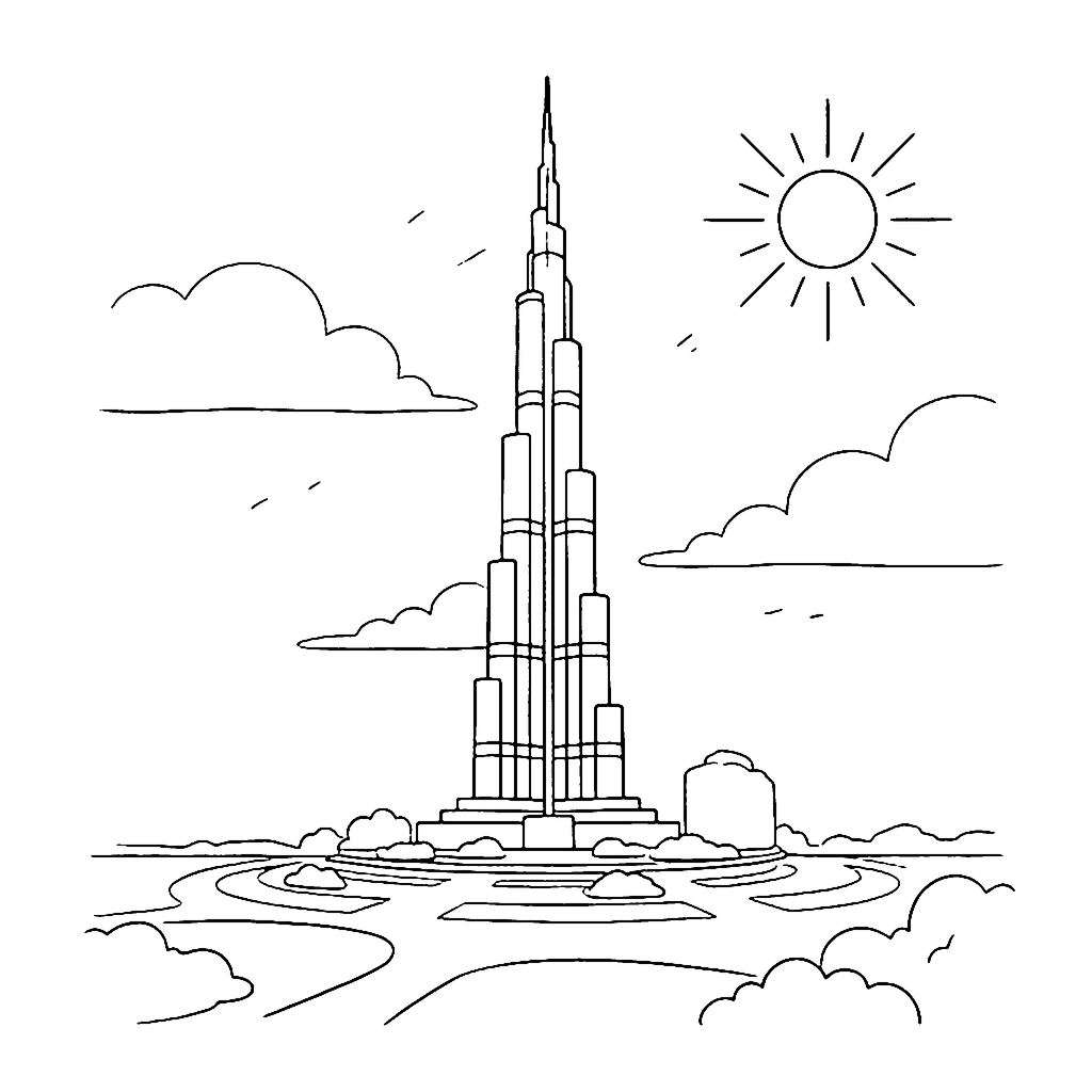 Burj Khalifa Plaza coloring page outline