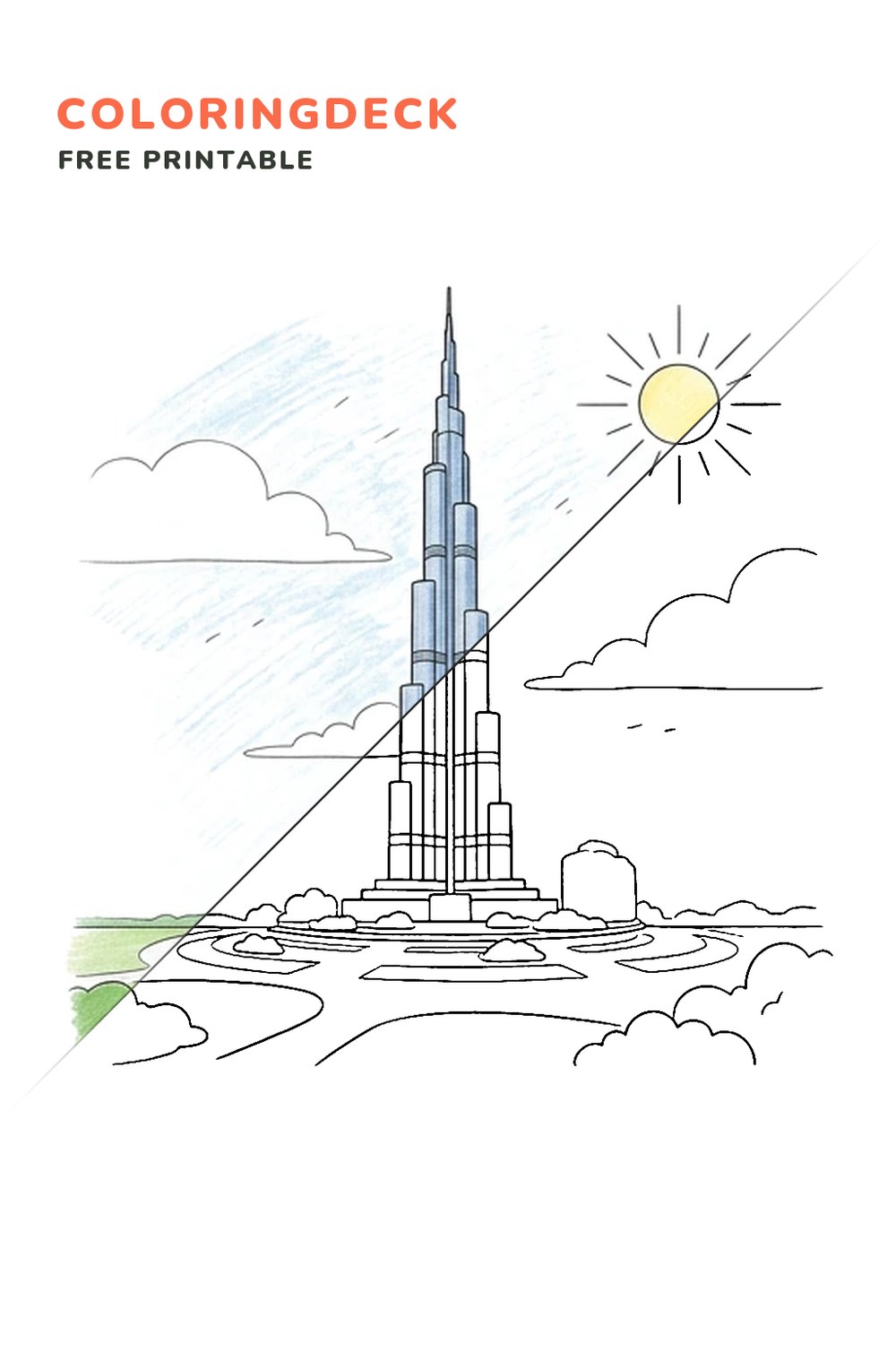 Burj Khalifa Plaza coloring page, free printable: half colored, half outline