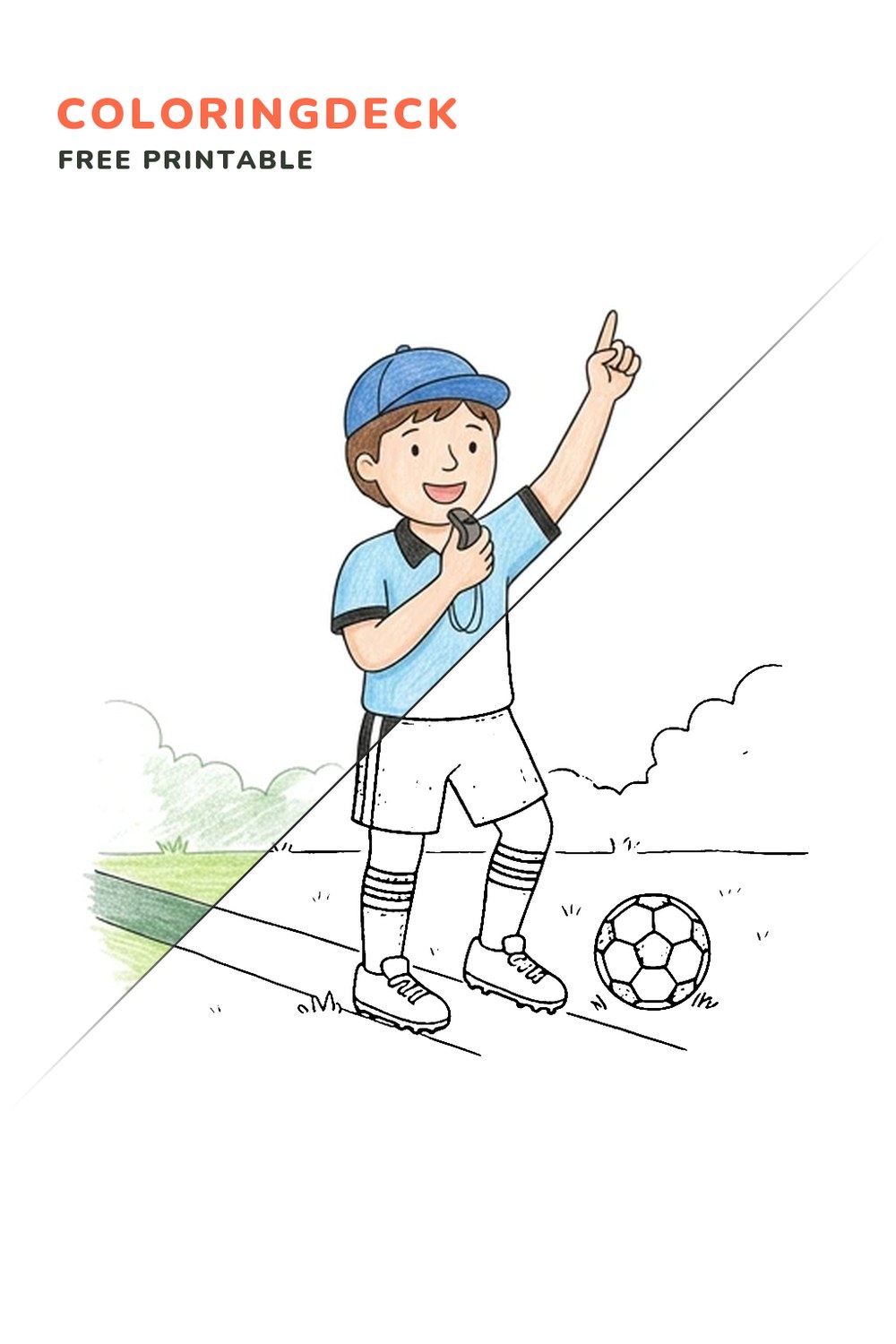 Soccer Referee Signal coloring page, free printable: half colored, half outline