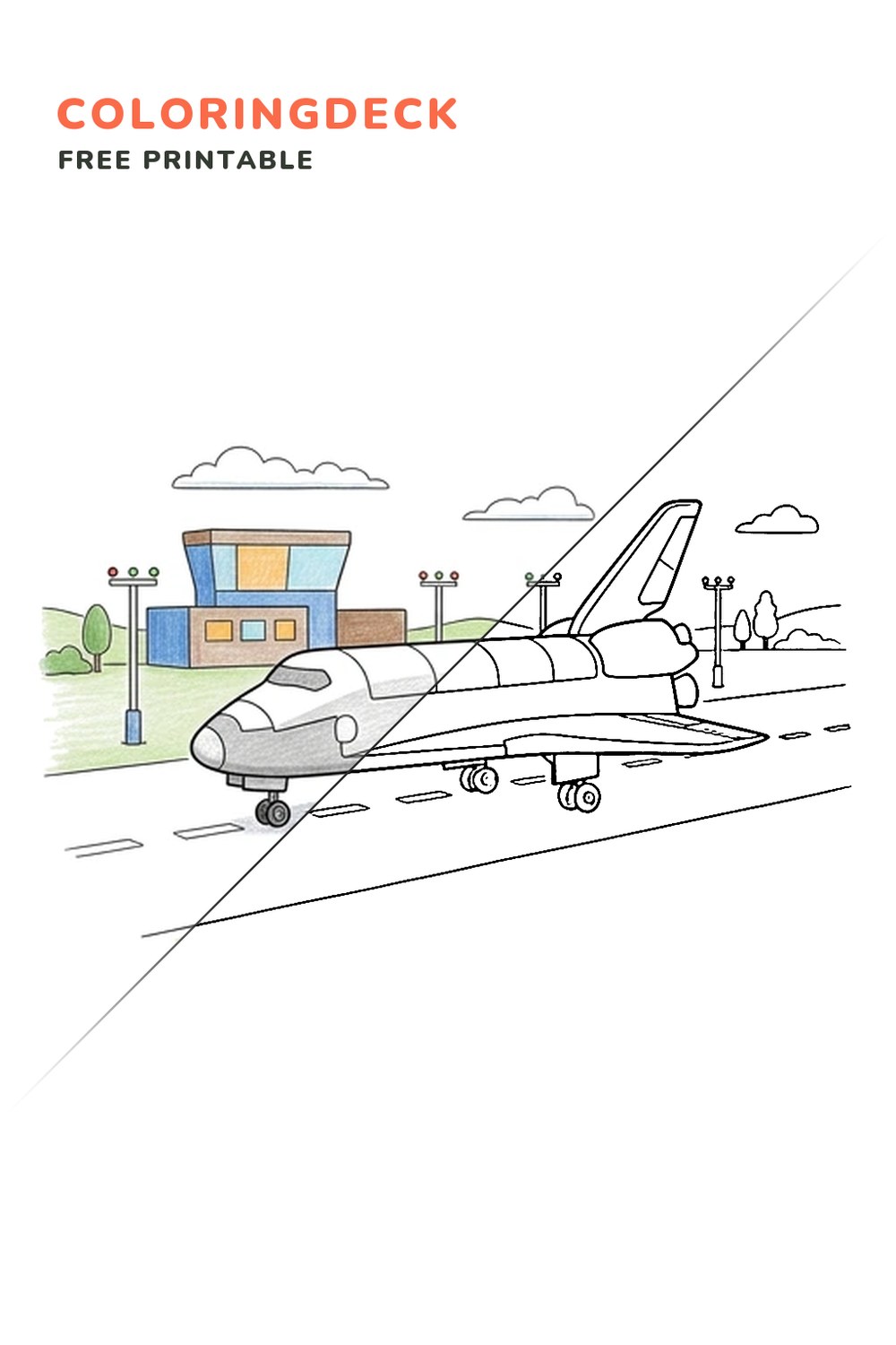 Shuttle Runway Landing coloring page, free printable: half colored, half outline