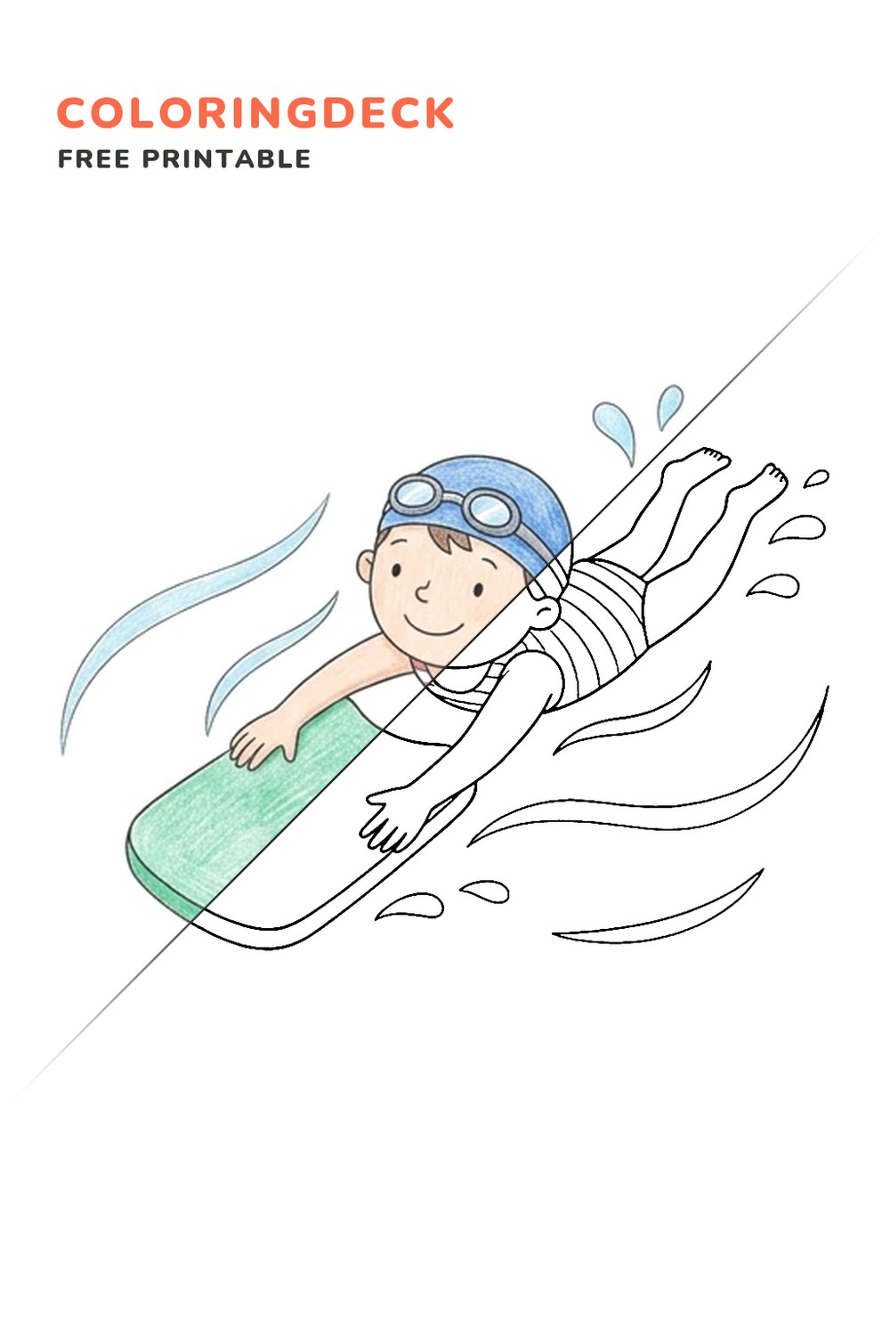 Kickboard Swimmer coloring page, free printable: half colored, half outline