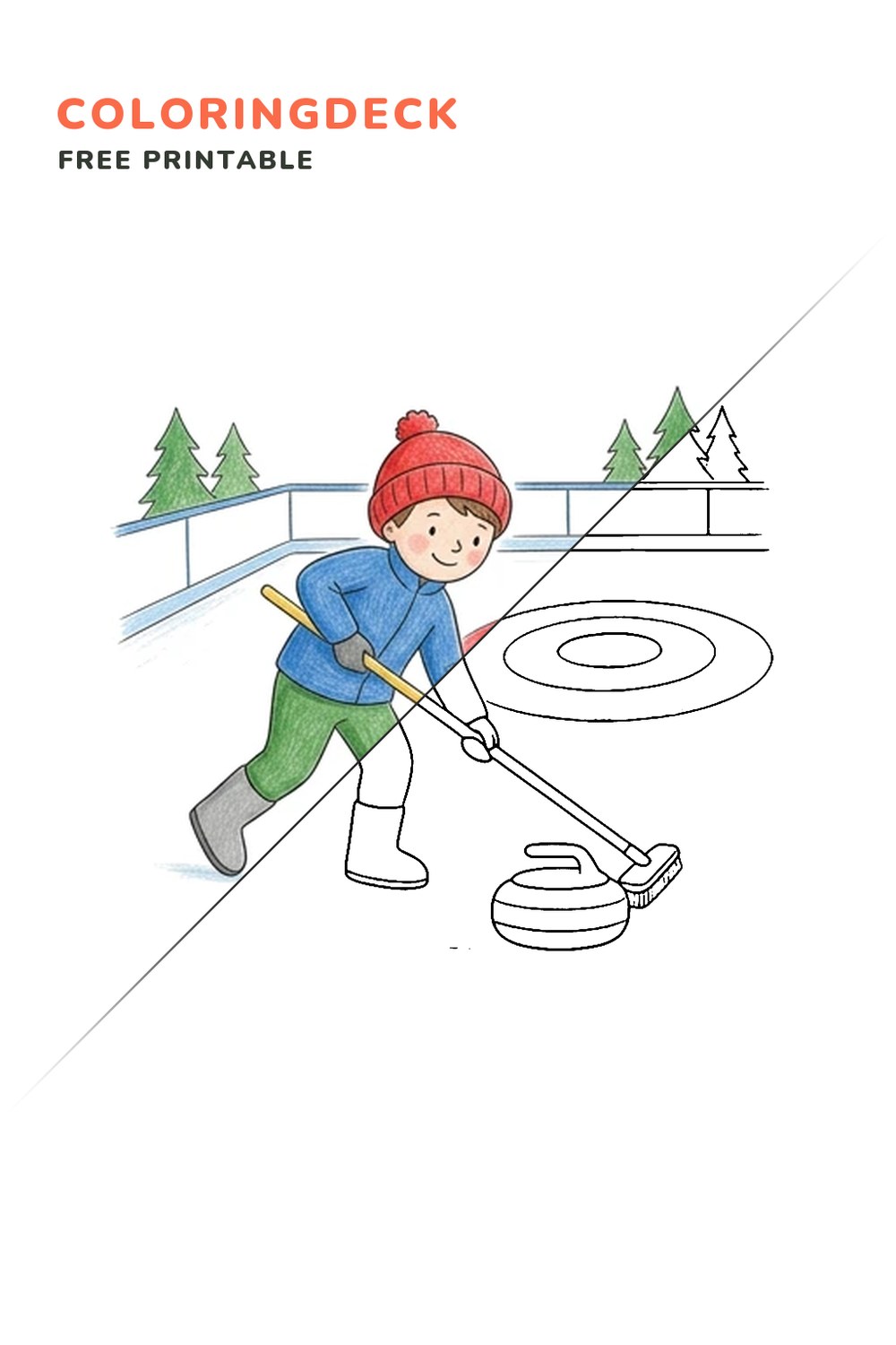 Curling Stone Sweep coloring page, free printable: half colored, half outline