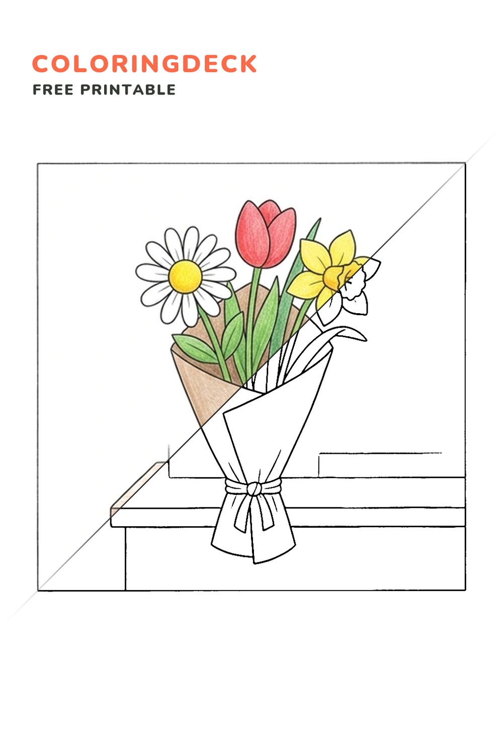 Flower Shop Bouquet coloring page, free printable: half colored, half outline