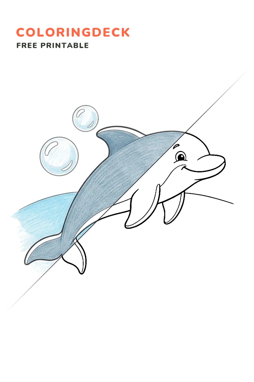 Dolphin Calm Float coloring page, free printable: half colored, half outline