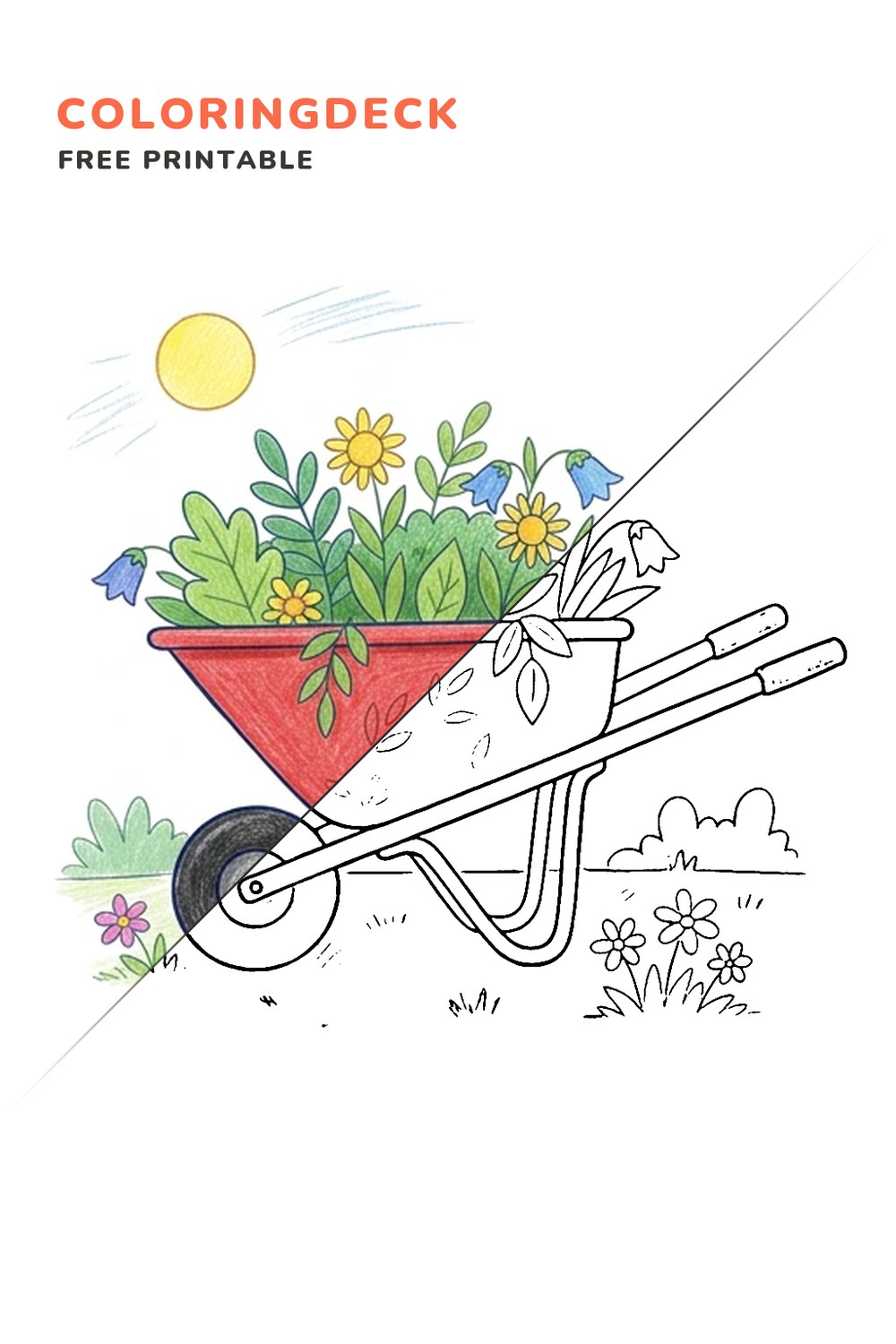 Garden Wheelbarrow coloring page, free printable: half colored, half outline