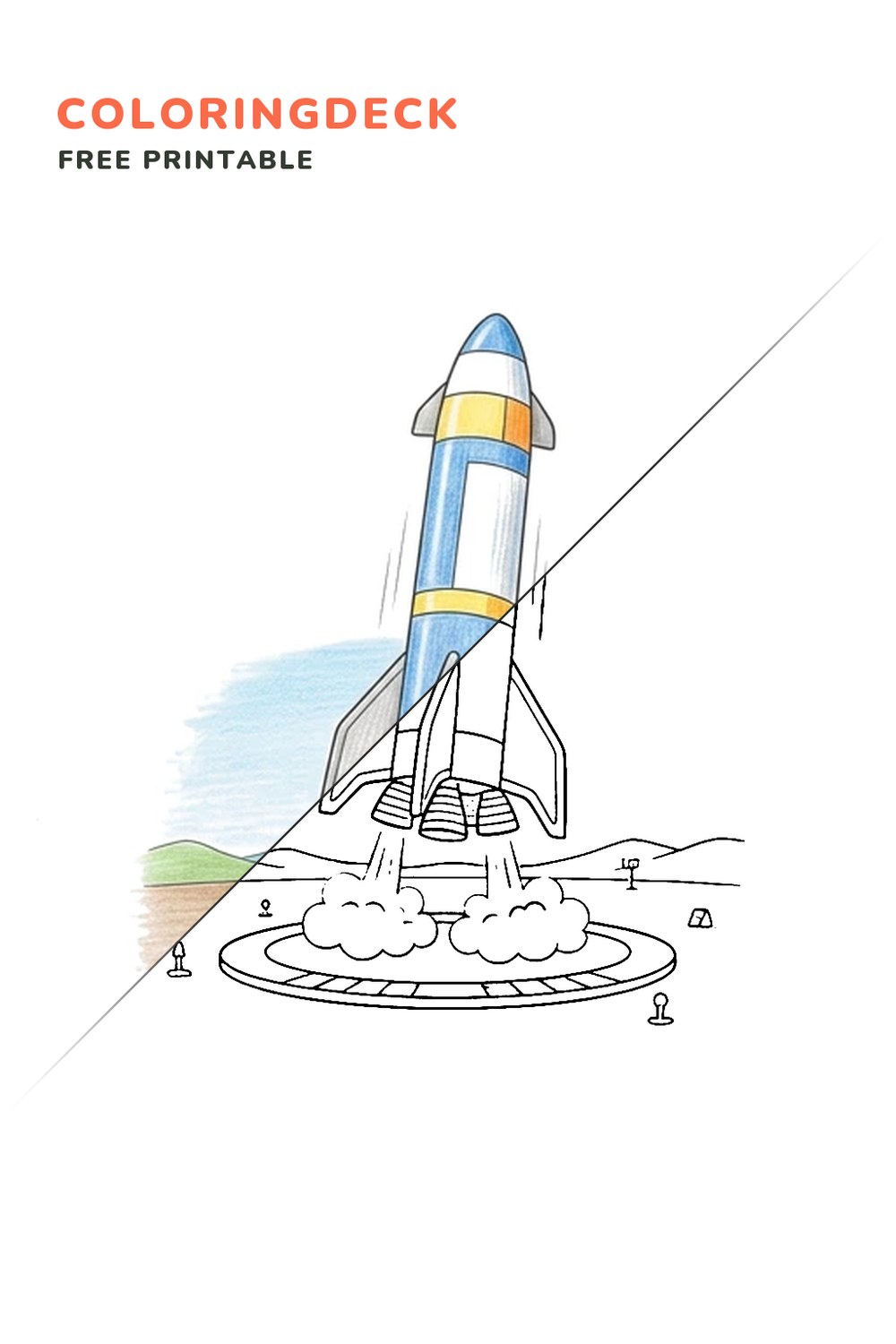 Booster Landing Pad coloring page, free printable: half colored, half outline