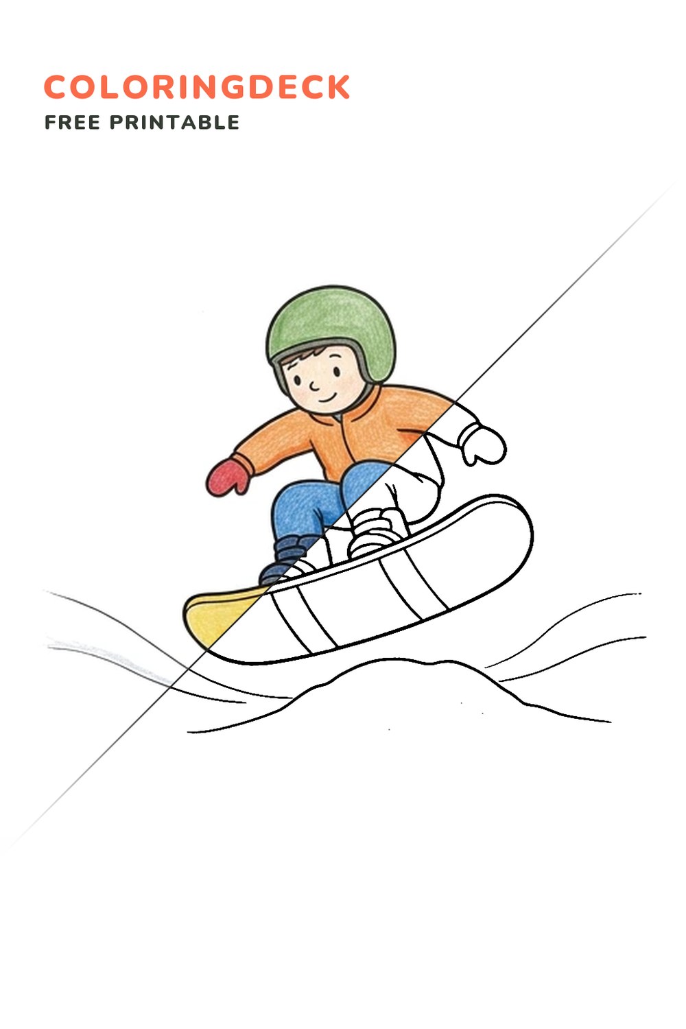 Snowboarder Small Jump coloring page, free printable: half colored, half outline