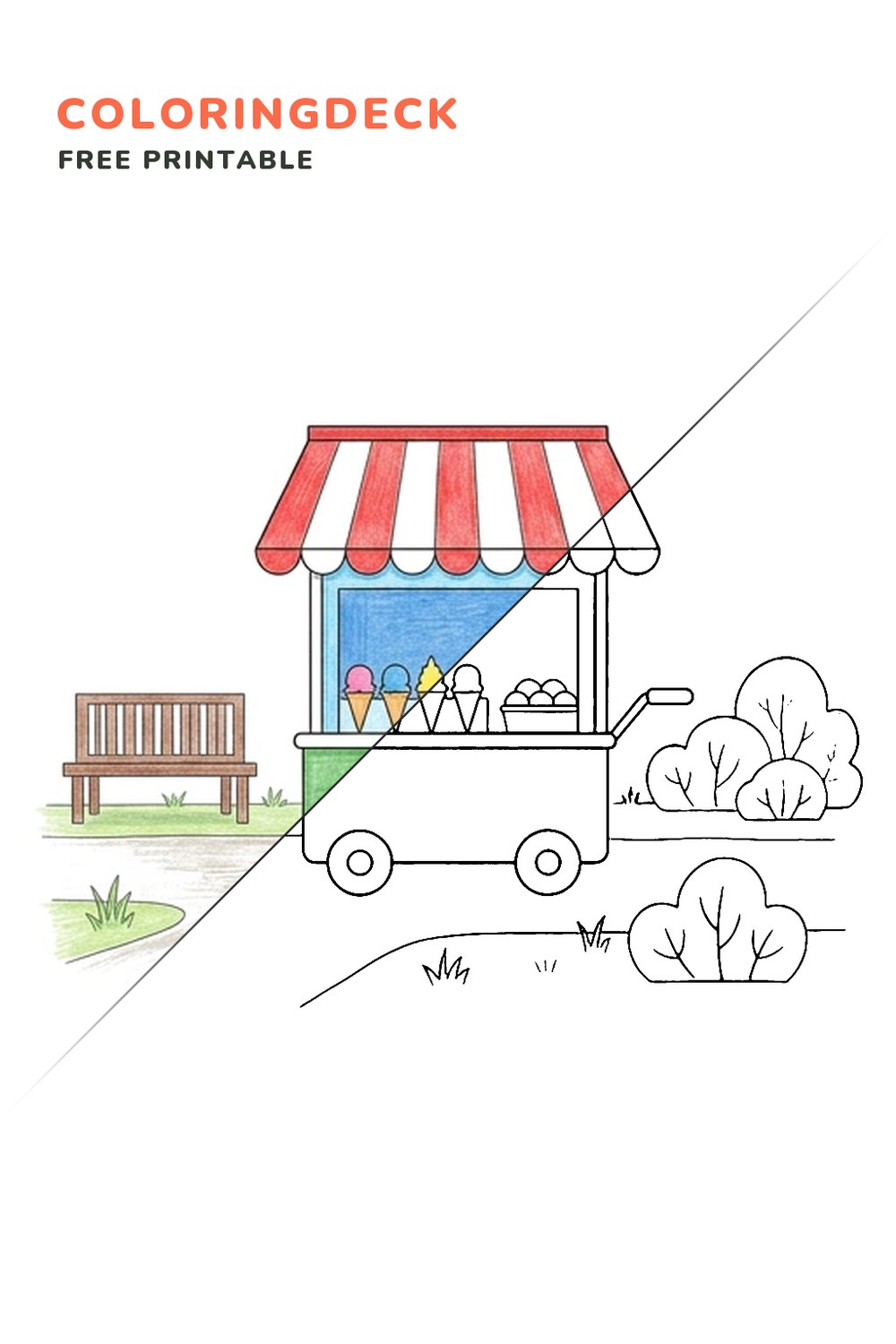 Ice Cream Cart coloring page, free printable: half colored, half outline