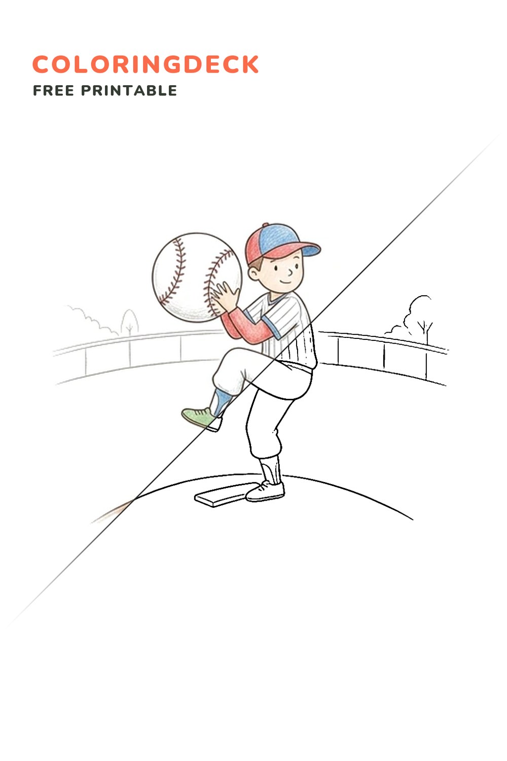 Baseball Pitcher Windup coloring page, free printable: half colored, half outline