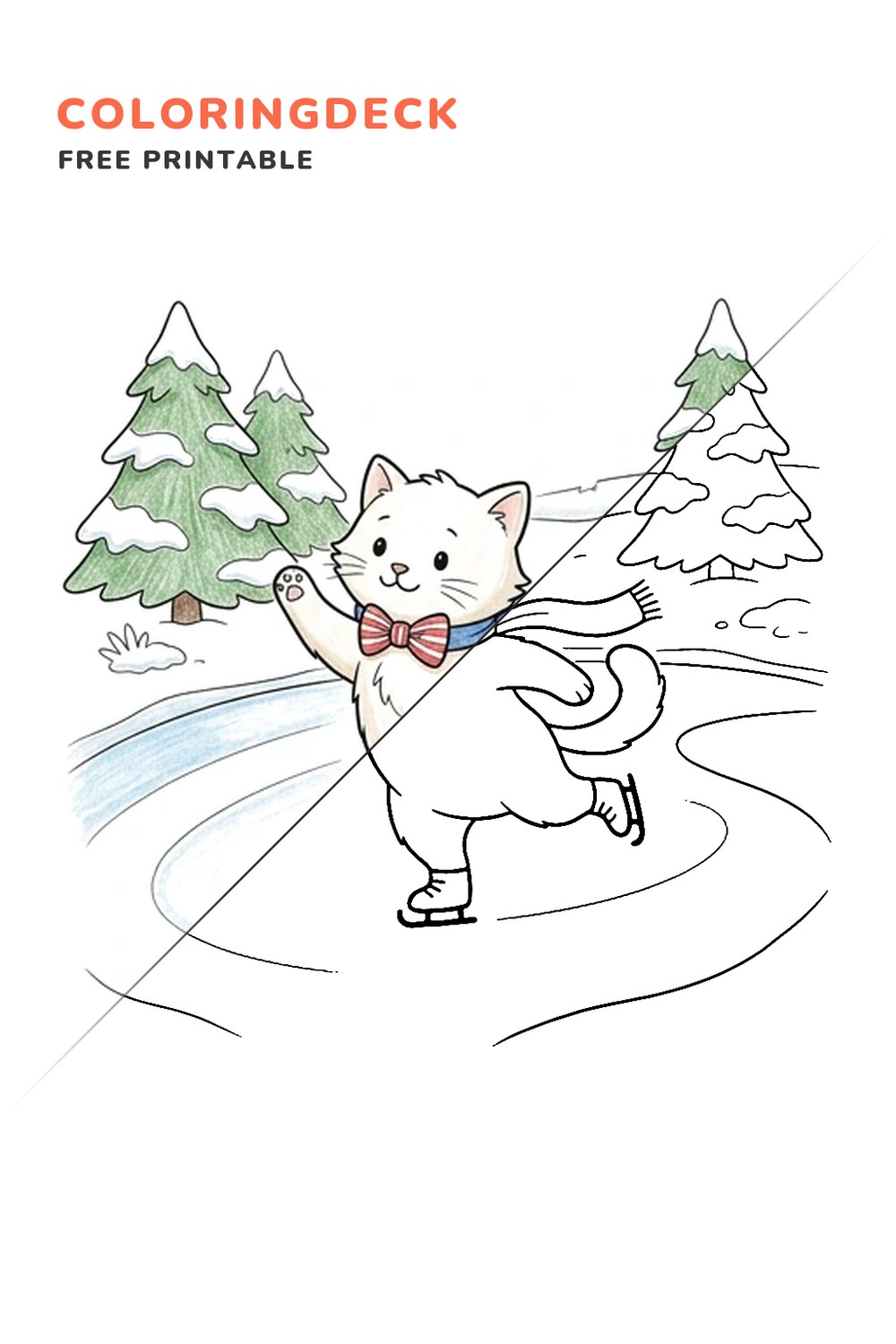 Kitten Ice Skate coloring page, free printable: half colored, half outline