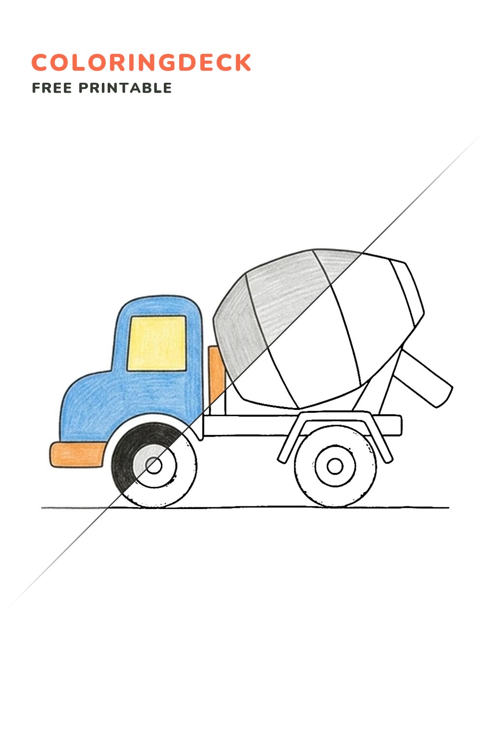 Cement Mixer Stop coloring page, free printable: half colored, half outline