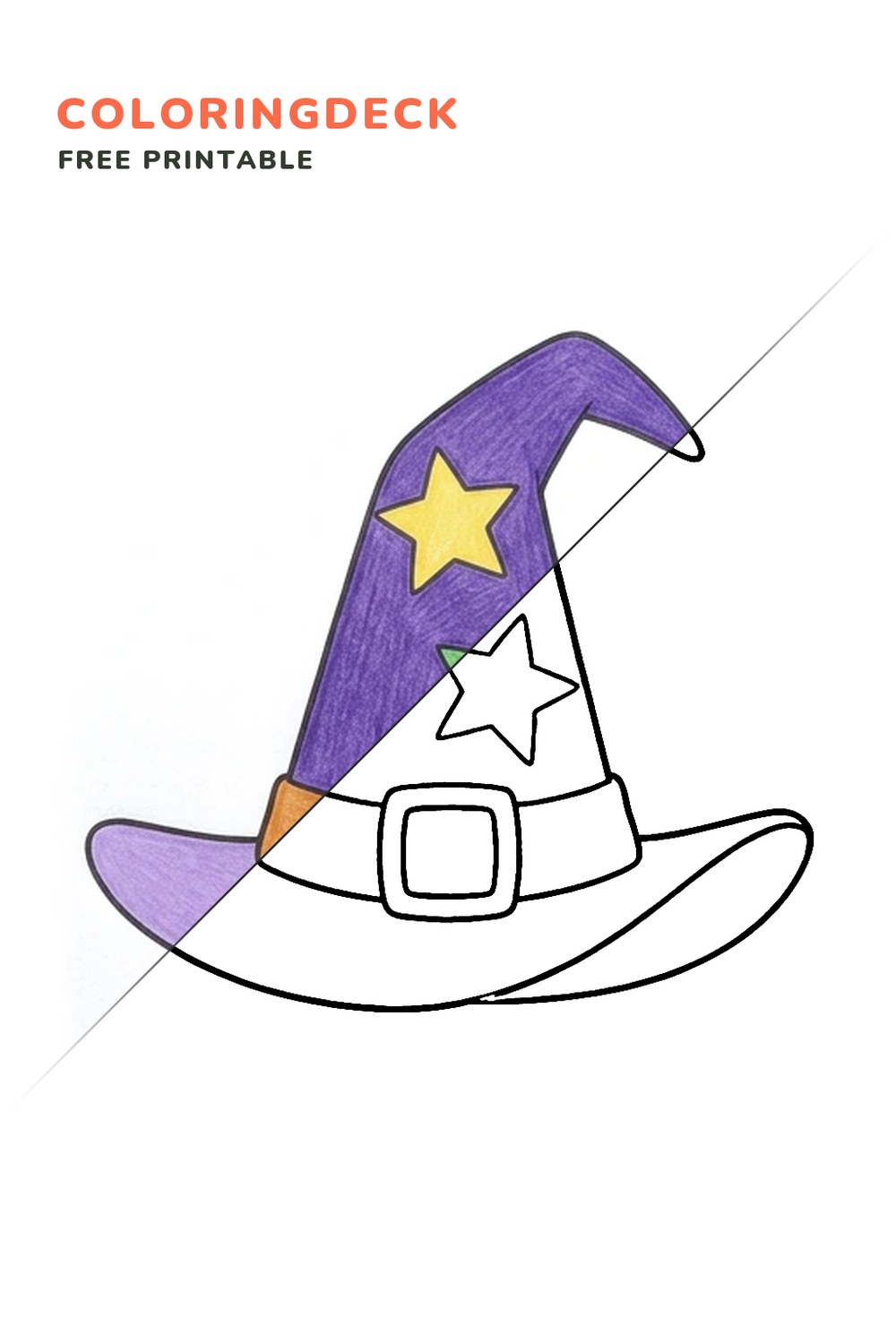 Witch Hat Star coloring page, free printable: half colored, half outline