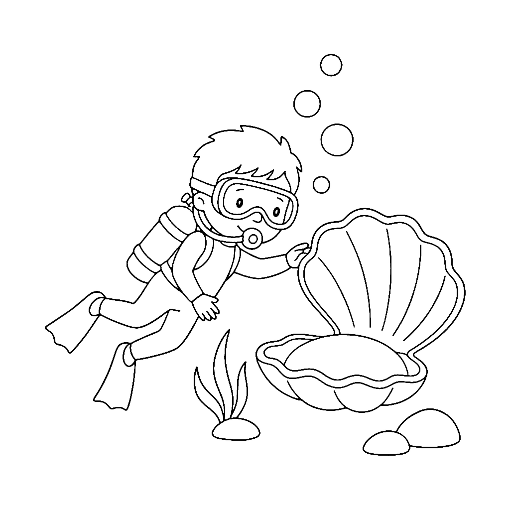 Diver coloring page: Diver With Seashell, outline to print