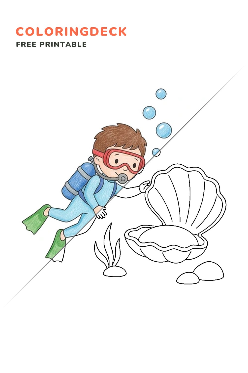 Diver With Seashell coloring page, free printable: half colored, half outline