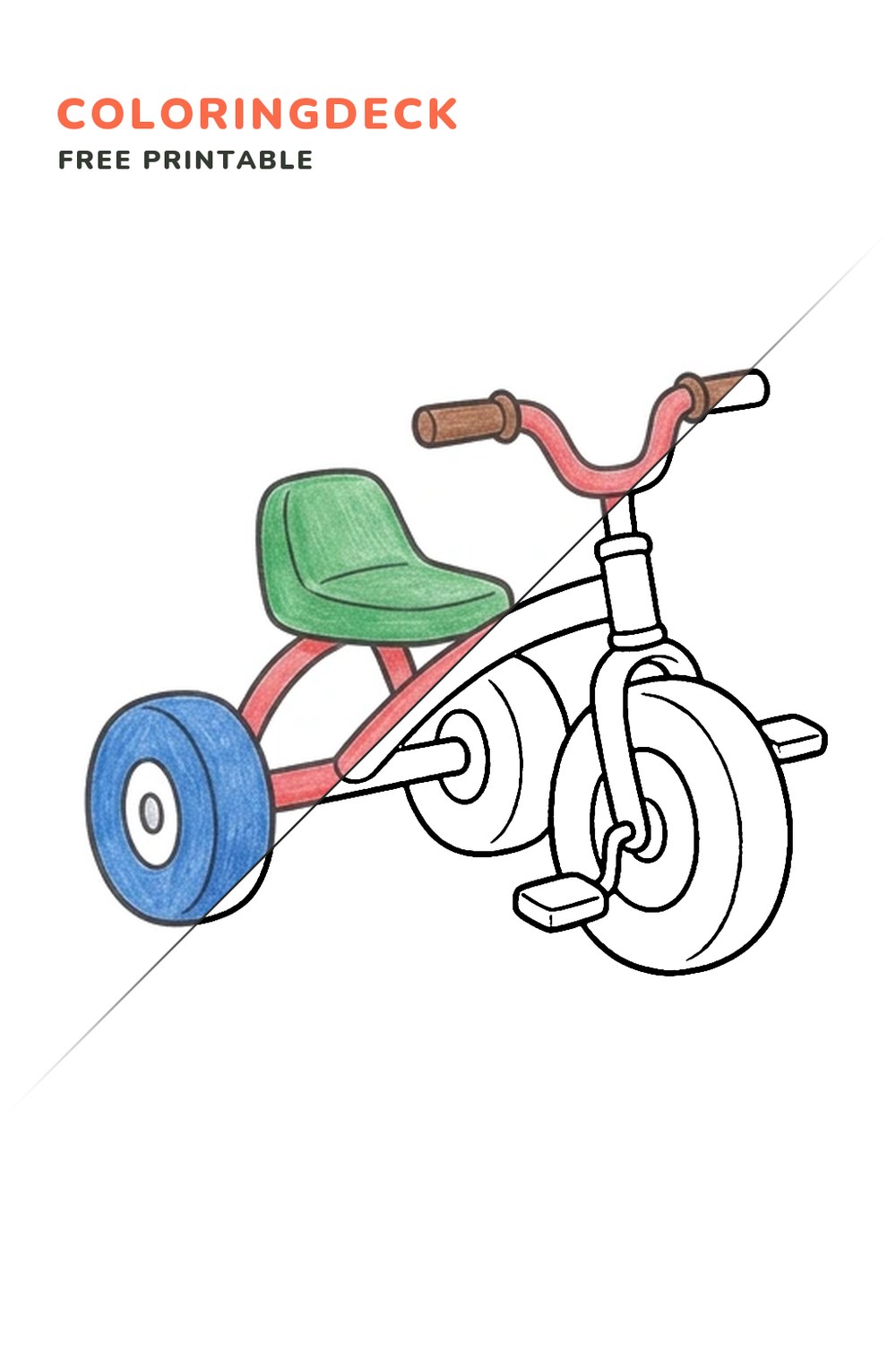 Tricycle Ride coloring page, free printable: half colored, half outline