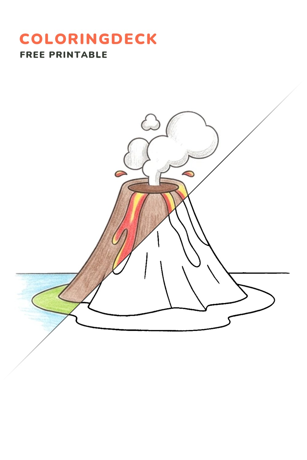 Gentle Volcano Eruption coloring page, free printable: half colored, half outline