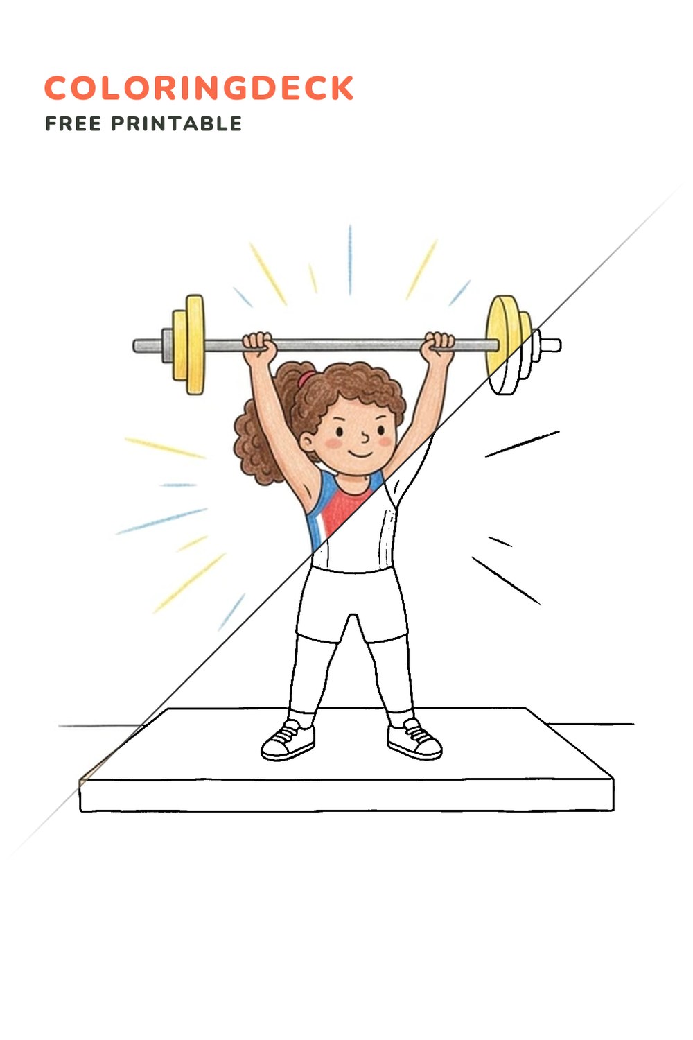 Olympic Weightlifter Lift coloring page, free printable: half colored, half outline