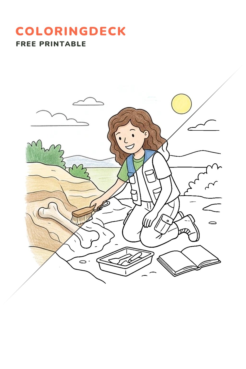 Fossil Dig Scientist coloring page, free printable: half colored, half outline