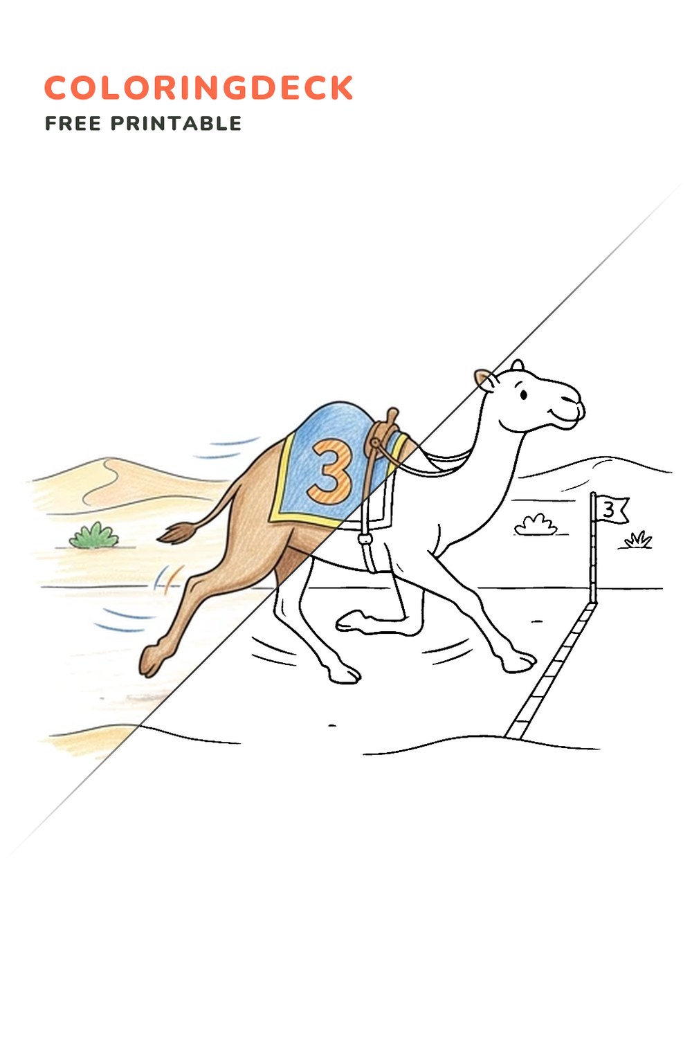 Camel Race Sprint coloring page, free printable: half colored, half outline