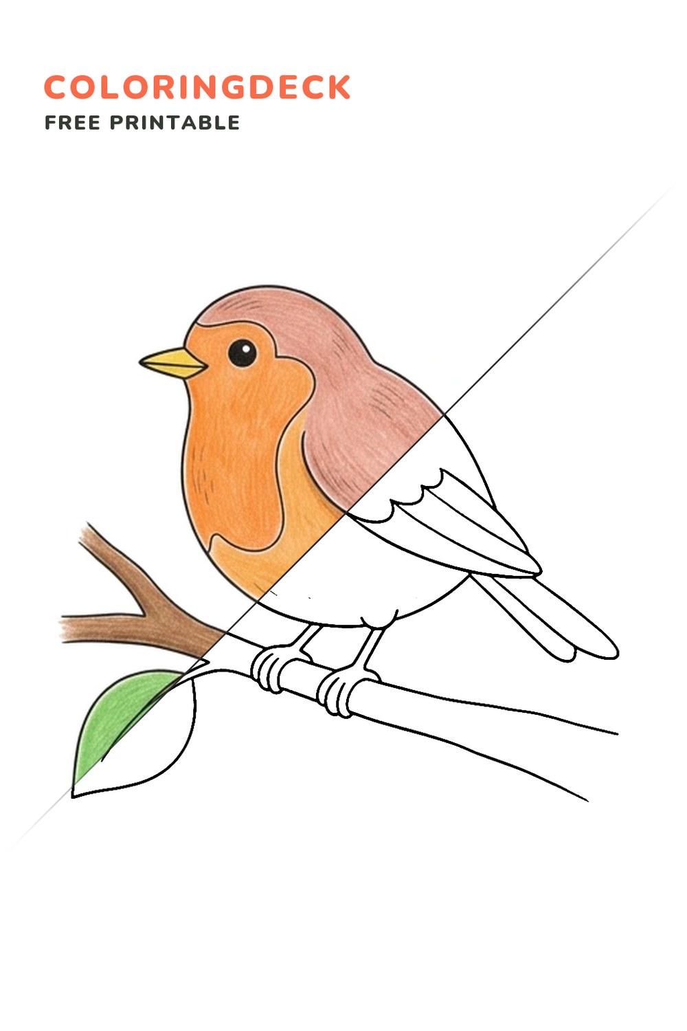 Robin Garden Perch coloring page, free printable: half colored, half outline