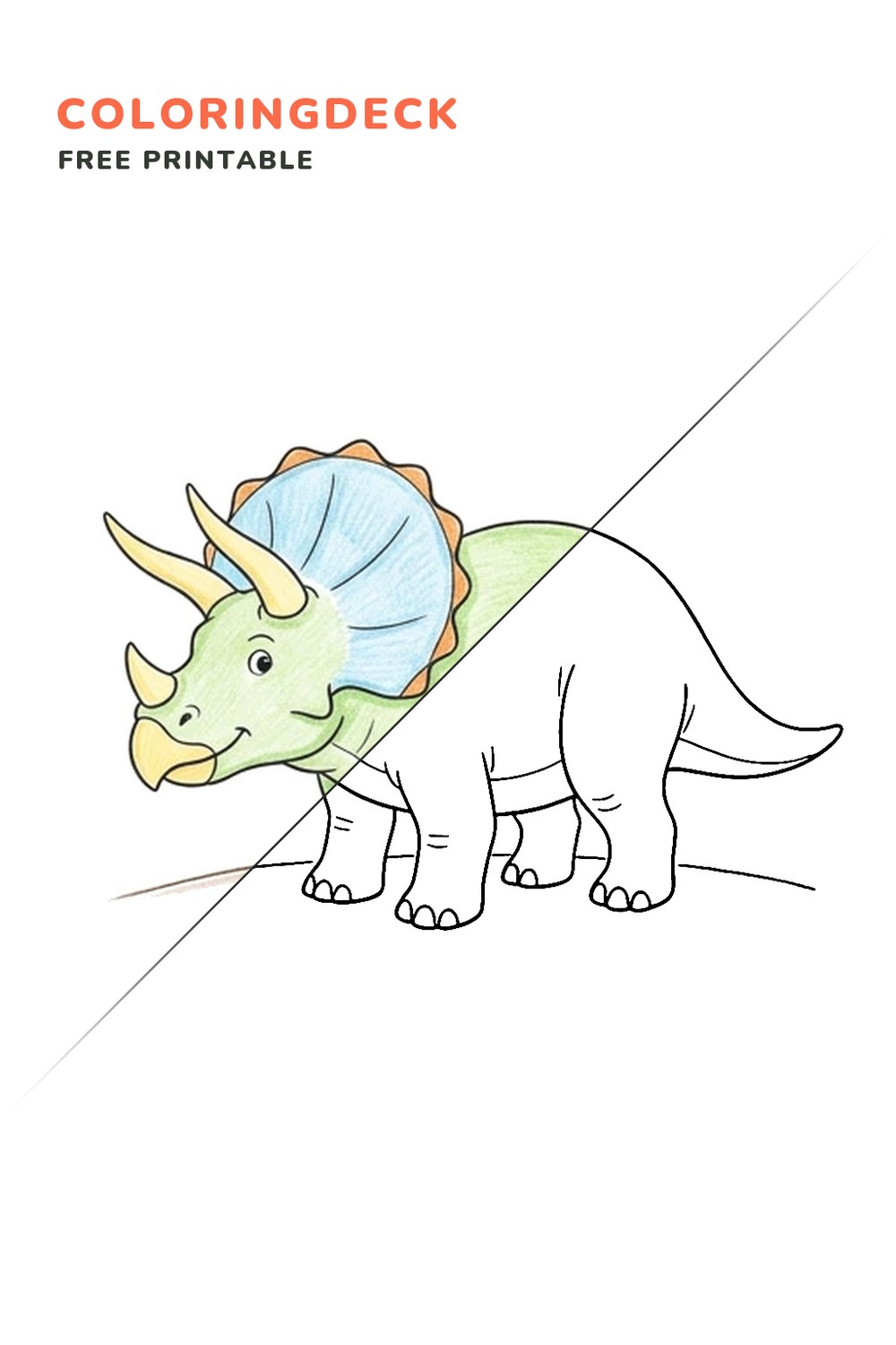 Triceratops Meadow Stand coloring page, free printable: half colored, half outline