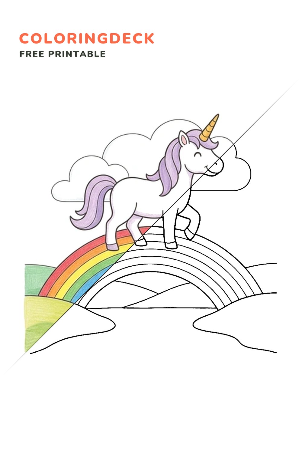 Unicorn Rainbow Bridge coloring page, free printable: half colored, half outline