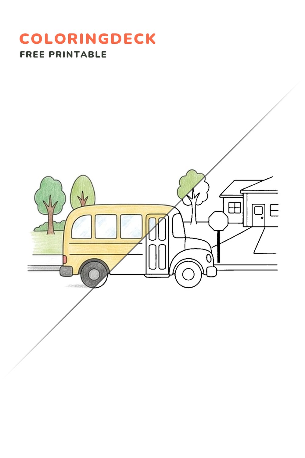 School Bus Arrival coloring page, free printable: half colored, half outline