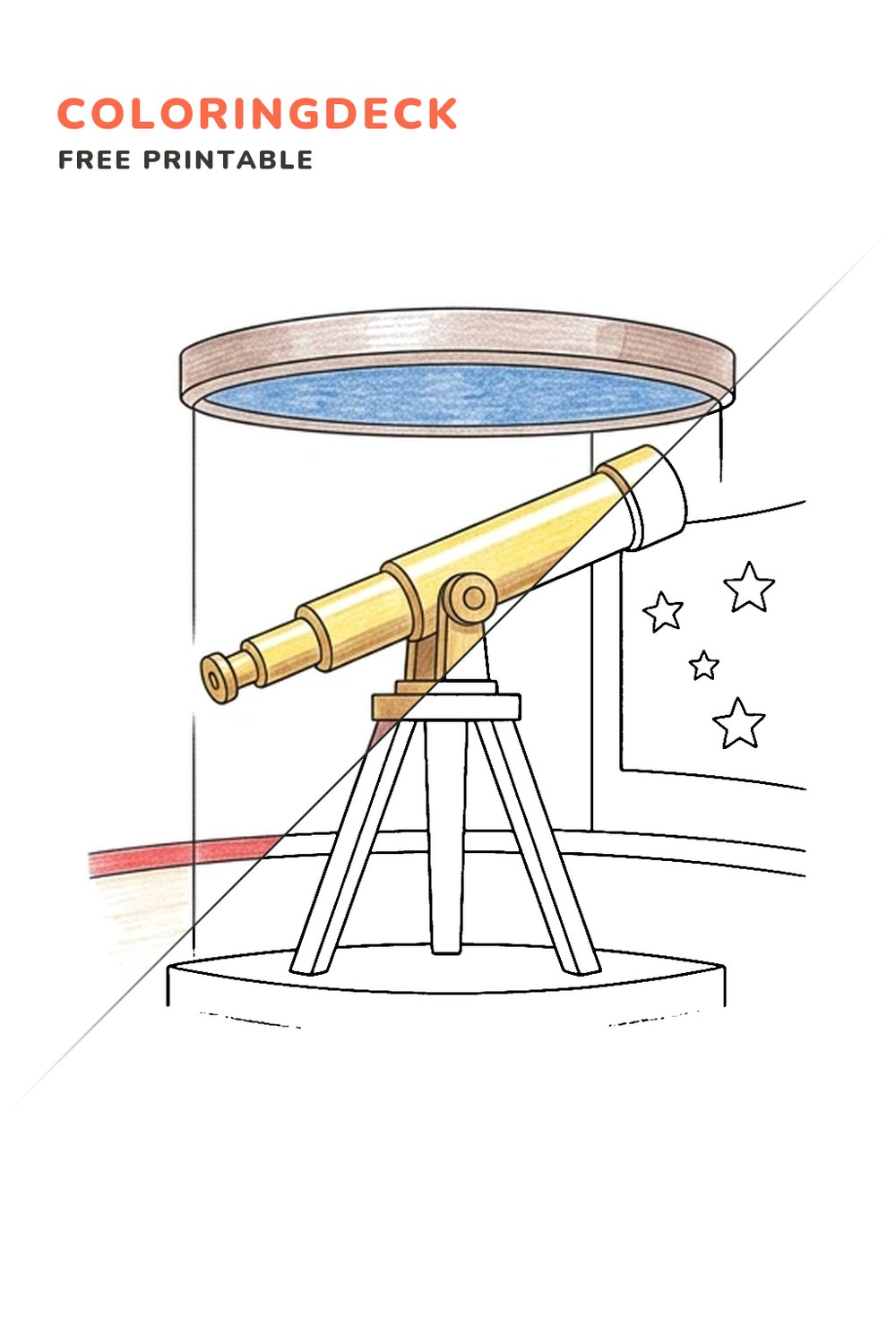 Historic Telescope Exhibit coloring page, free printable: half colored, half outline