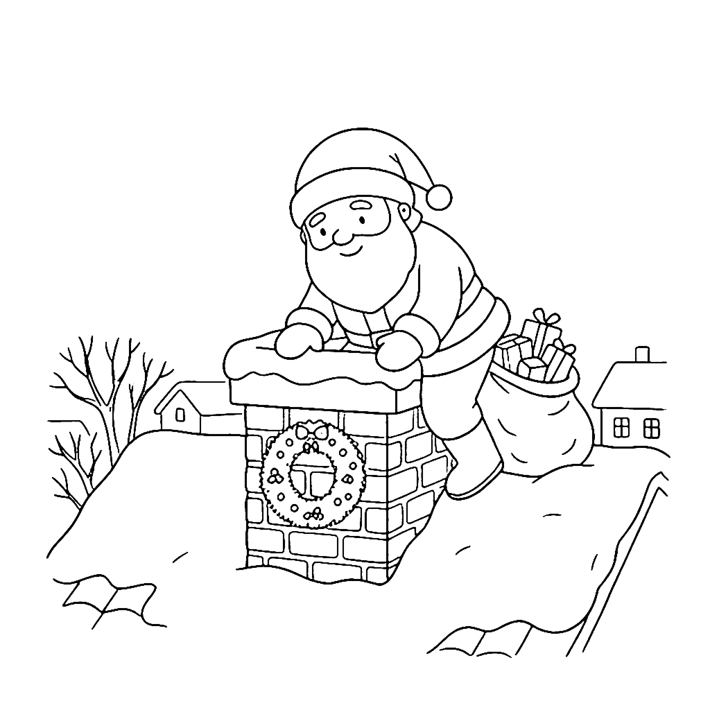Santa Chimney Visit coloring page outline