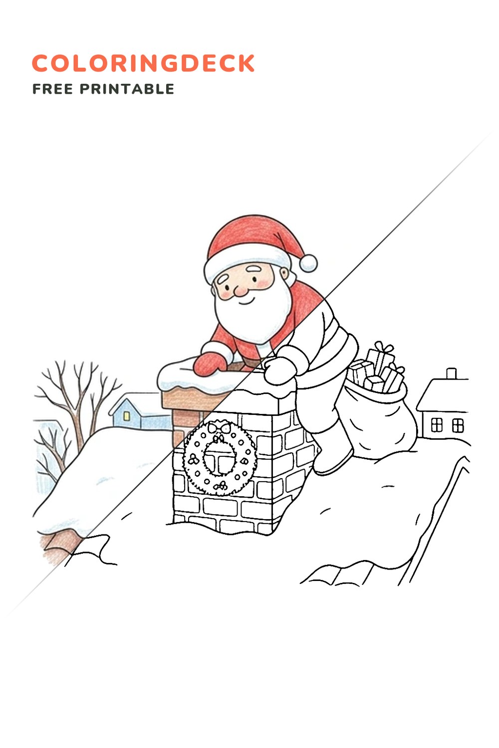 Santa Chimney Visit coloring page, free printable: half colored, half outline
