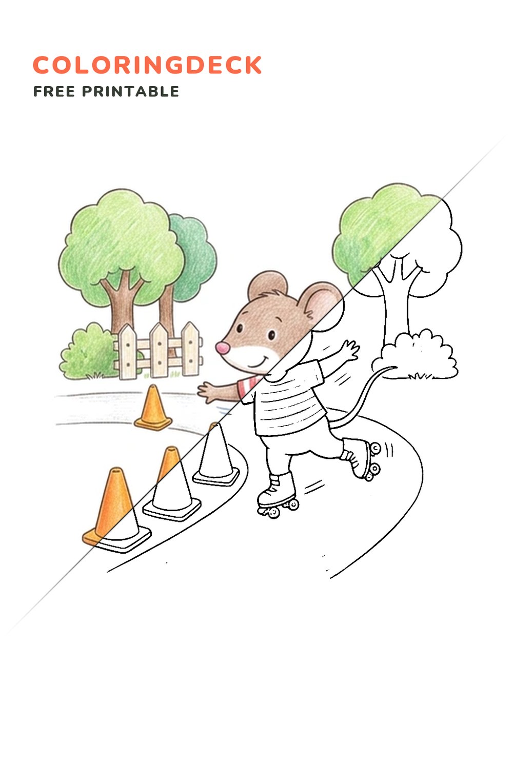 Mouse Cone Slalom coloring page, free printable: half colored, half outline